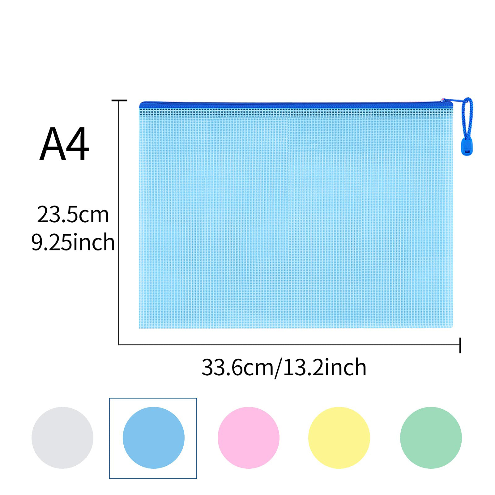 Eine blaue A4-Dokumententasche mit Maßen. Die Tasche hat einen Reißverschluss und eine blaue Schlaufe. Maße sind in cm und Zoll angegeben.