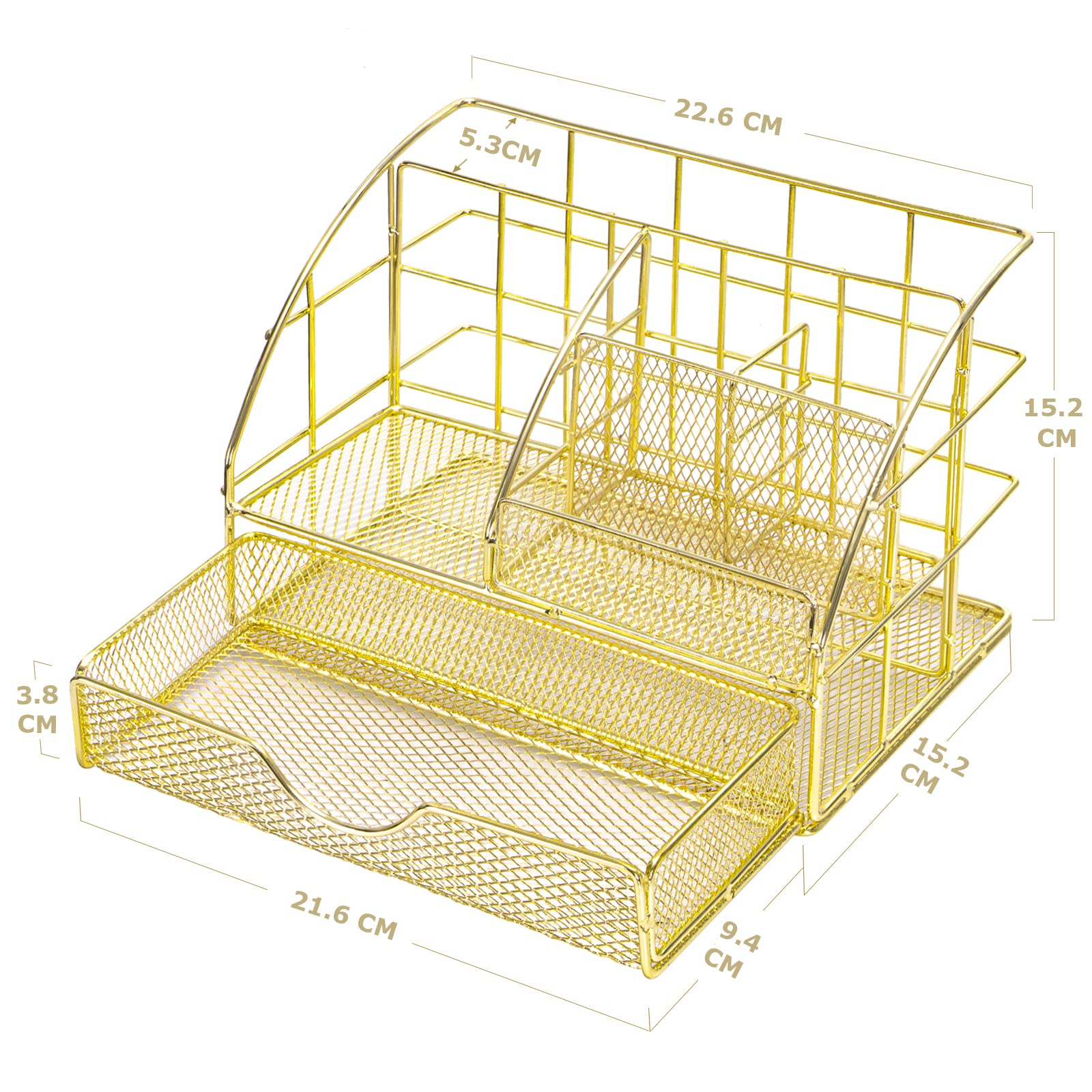 Ein goldener Draht-Schreibtischorganizer mit mehreren Fächern. Maße sind in Zentimetern angegeben. Hat eine Schublade.