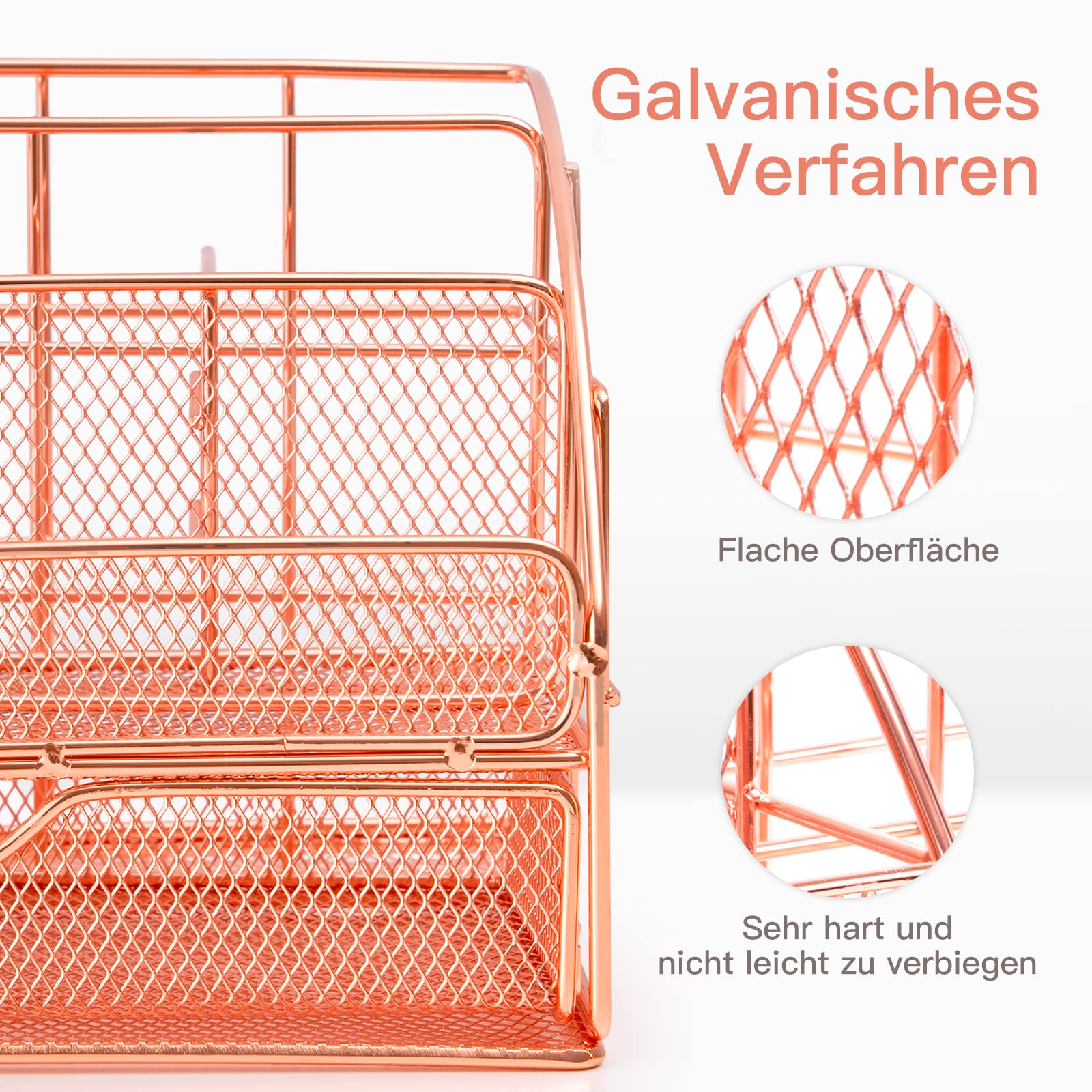 Kupferfarbener Metall-Schreibtisch-Organizer. Er hat ein Netzdesign mit mehreren Fächern und steht auf weißem Untergrund.