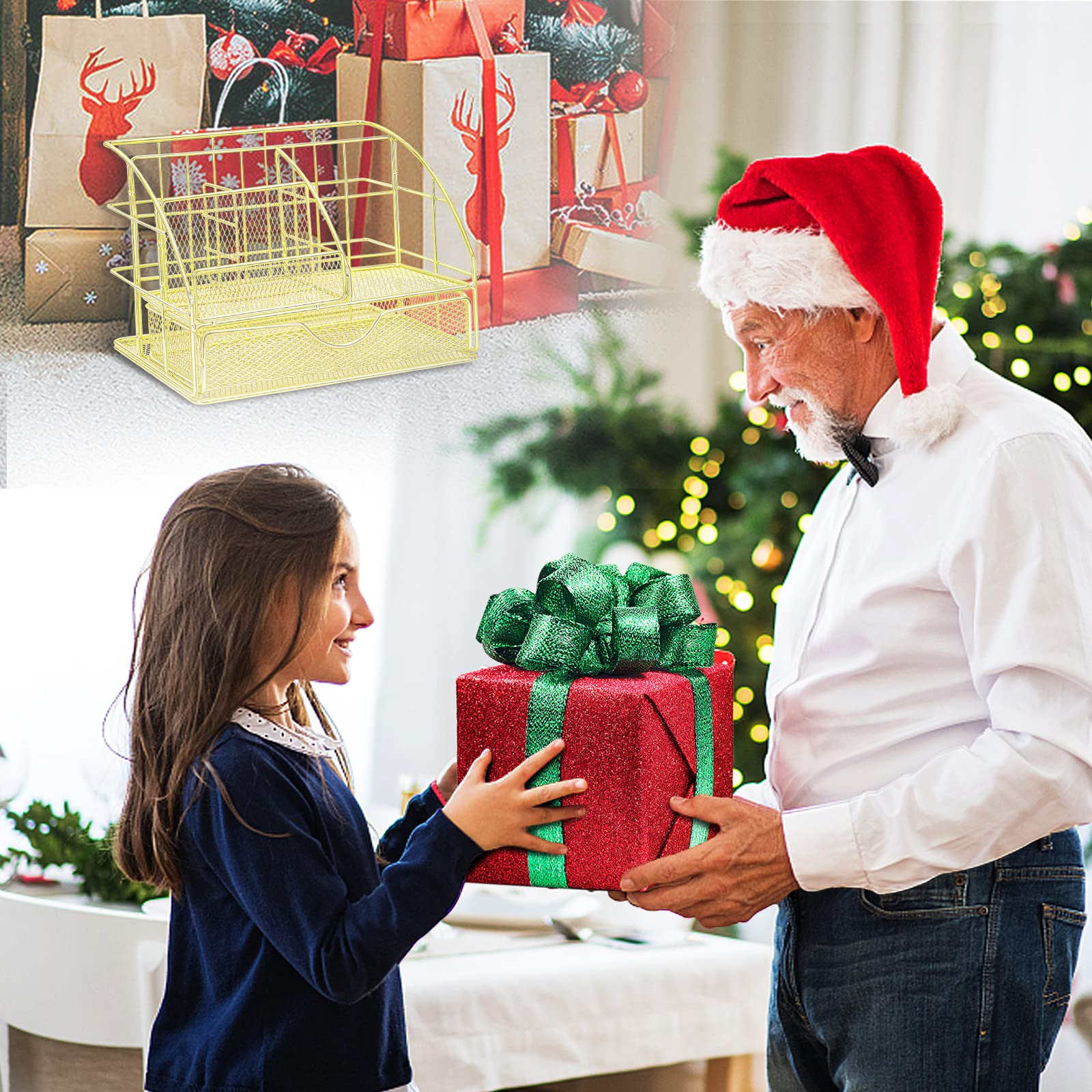 Ein Mädchen gibt einem als Weihnachtsmann verkleideten Mann ein Geschenk. Im Hintergrund steht ein goldener Schreibtischorganisator. Weihnachtliche Umgebung.