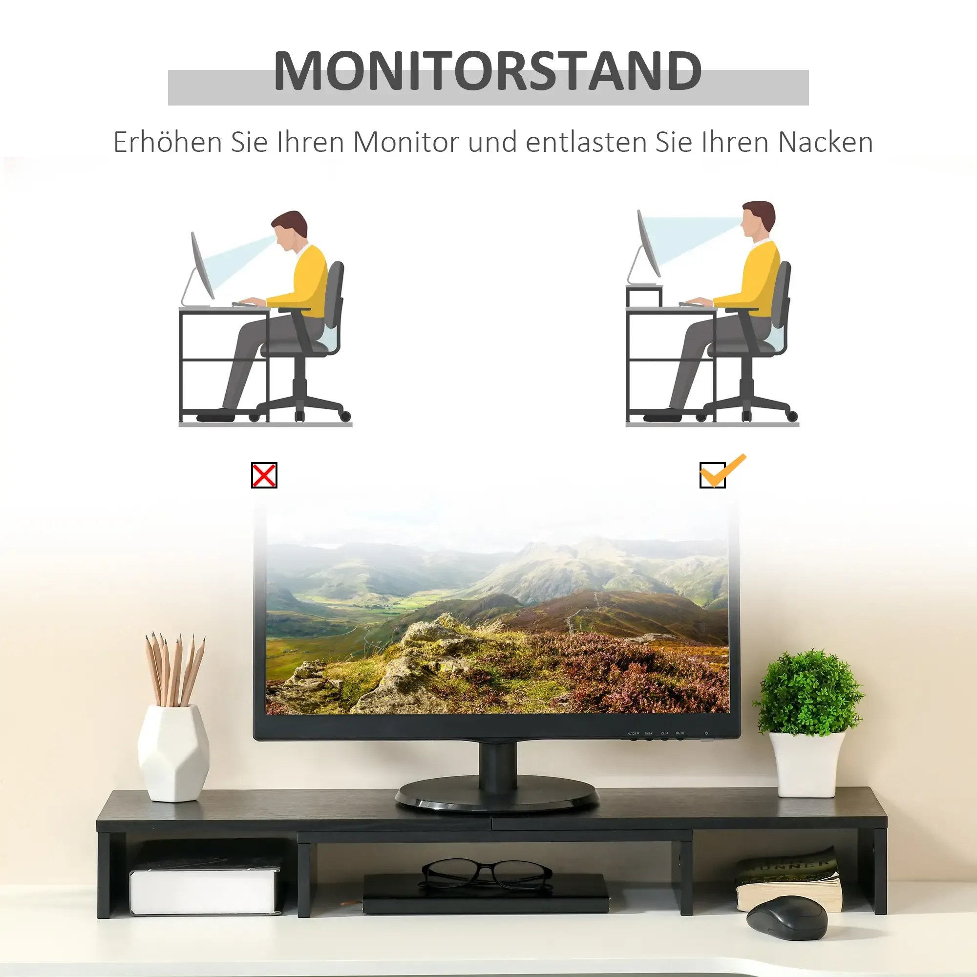 Ein Monitorständer mit einem Monitor, der eine Landschaft zeigt, einem Bleistifthalter, einer kleinen Pflanze und einer Maus.