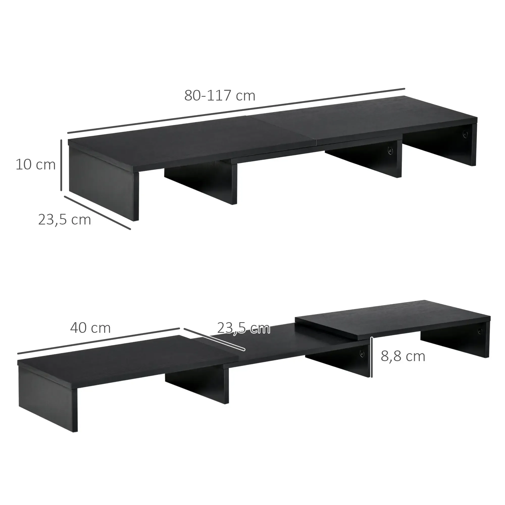 Zwei schwarze Monitorständer aus Holz mit Maßangaben. Oben: 80-117 cm lang, 10 cm hoch. Unten: 40 cm lang, 8,8 cm hoch.
