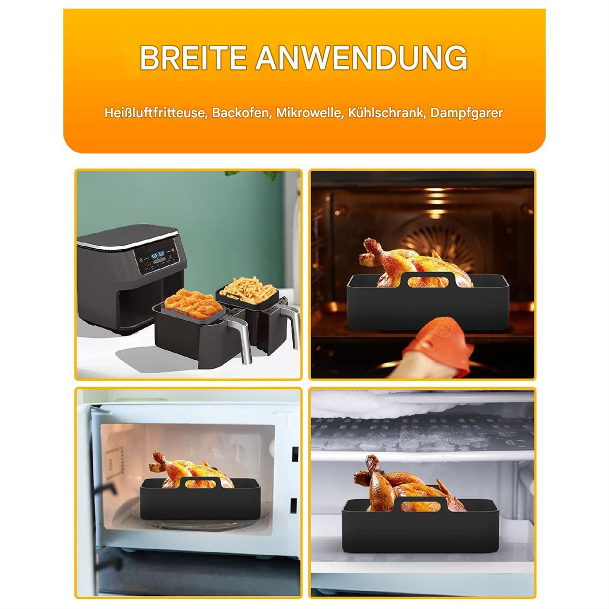 Das Bild zeigt einen Luftfritteuse und Lebensmittel, die in einem Ofen, einer Mikrowelle und einem Kühlschrank gegart werden.