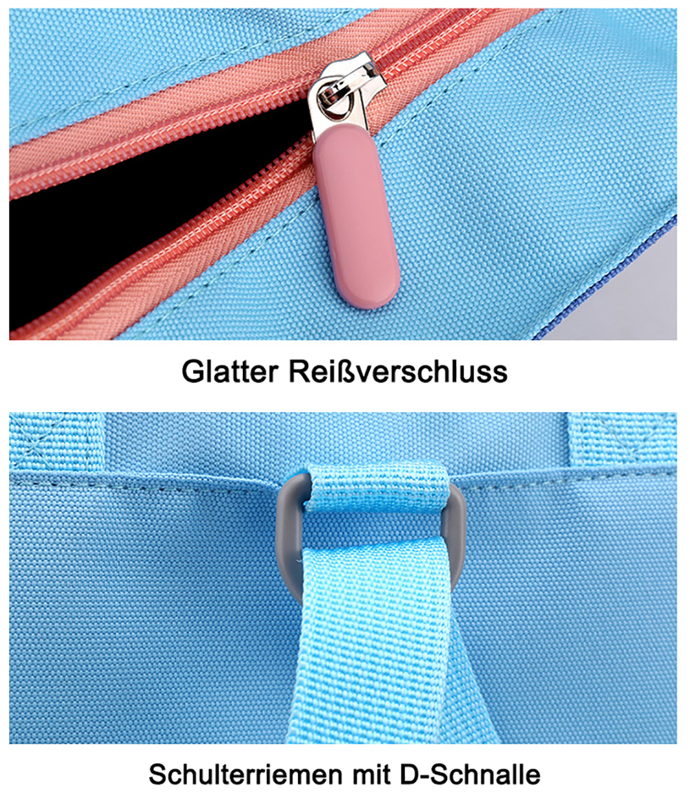 Nahaufnahme einer blauen Tasche mit pinkfarbenem Reißverschluss und pinkfarbenem Zieher. Unten zeigt ein blauer Riemen, der an einem D-Ring befestigt ist.