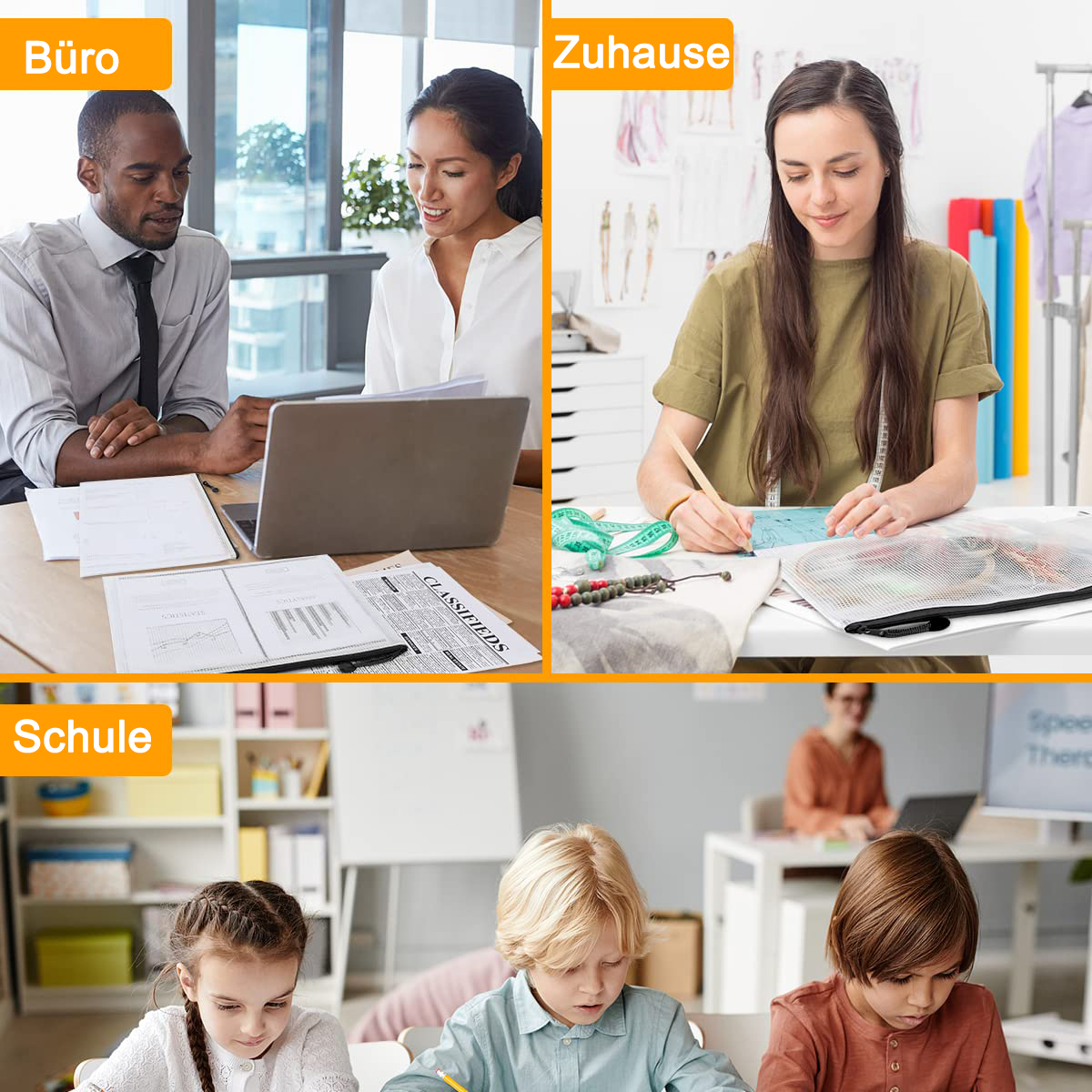 Das Bild zeigt Büro-, Haus- und Schulszenen. Büro: zwei Personen am Laptop. Zuhause: Frau beim Skizzieren. Schule: Kinder an Schreibtischen.