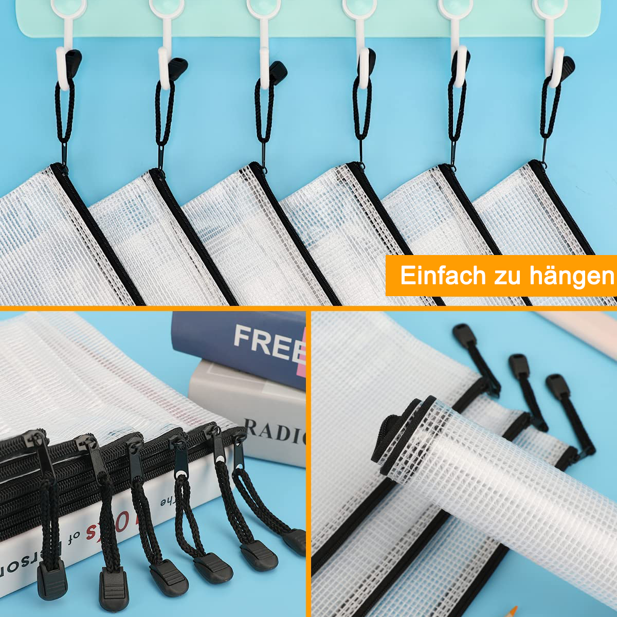 Klare Netztaschen mit schwarzen Reißverschlüssen hängen an Haken. Die Taschen befinden sich auf blauem Hintergrund. Darunter sind Bücher.