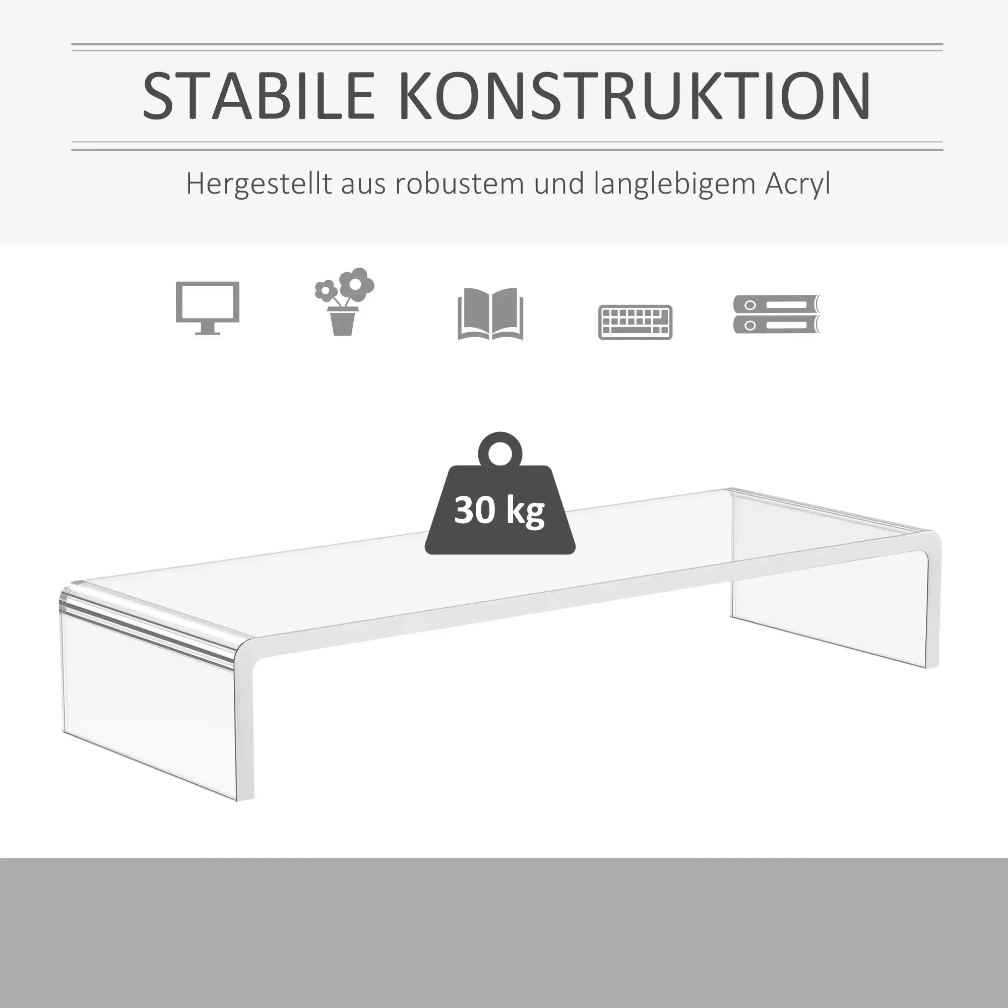 Ein klarer Acryl-Monitorständer. Das Bild zeigt Text auf Deutsch und Symbole eines Computers, Blumen, Buches und Tastatur.