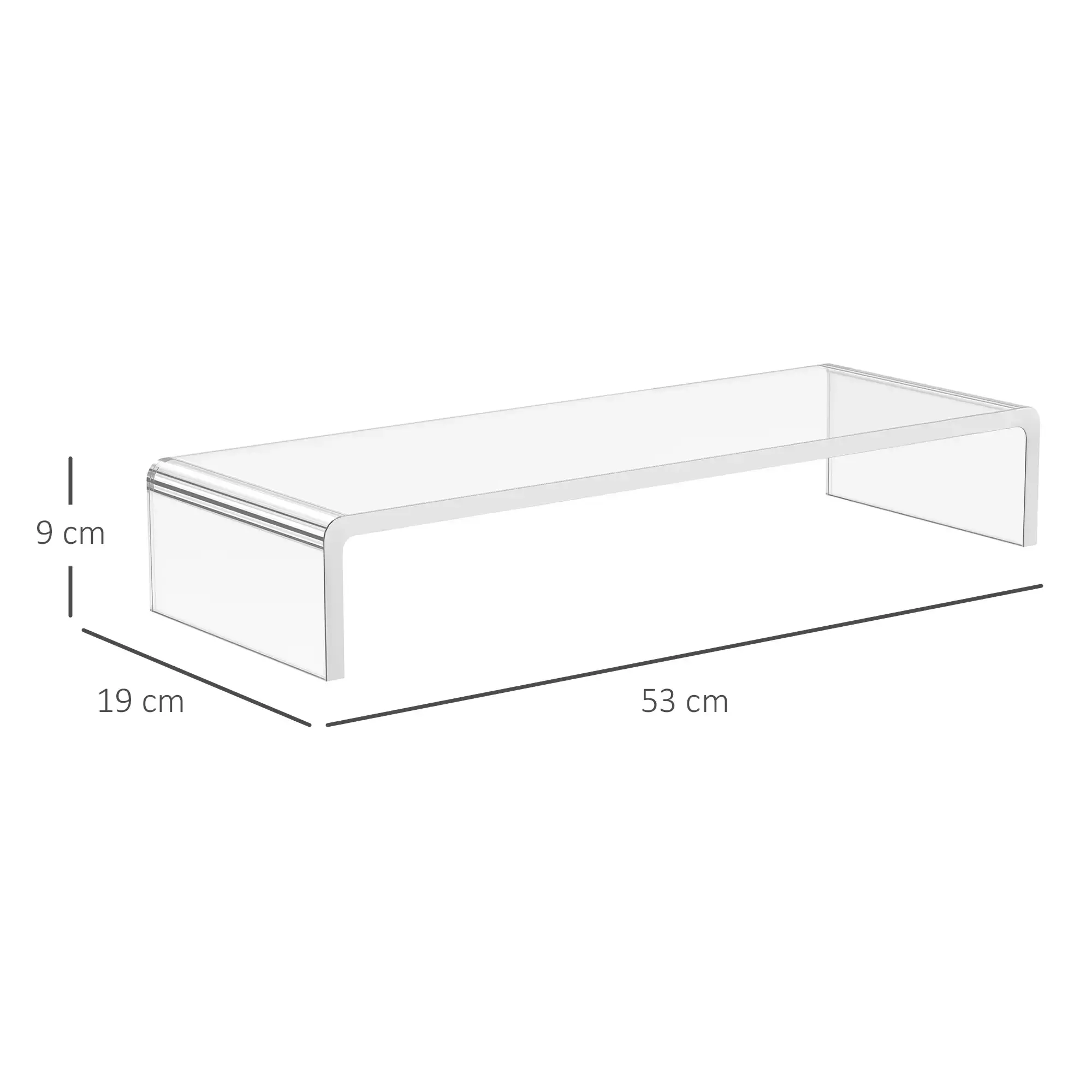 Ein klarer Monitorständer aus Acryl, mit den Maßen: 19 cm x 9 cm x 53 cm. Er hat eine rechteckige Oberseite und gebogene Beine.