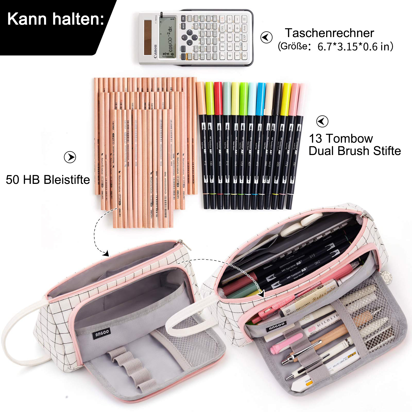 Das Bild zeigt einen Rechner, Bleistifte, Stifte und zwei offene Federmäppchen. Elemente sind deutsch beschriftet.