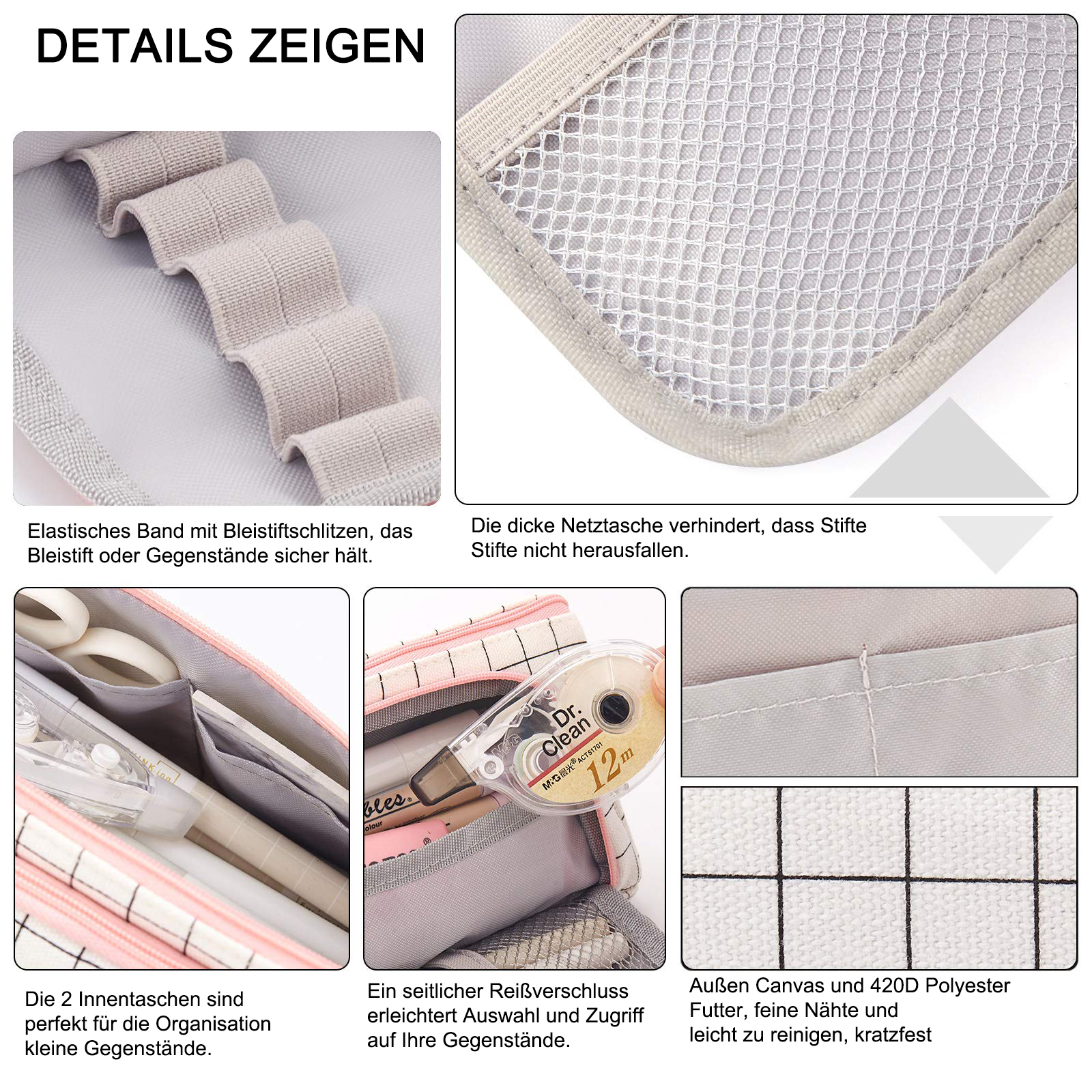 Details eines Federmäppchens. Es hat elastische Bänder, Netztasche, Innentaschen, Reißverschluss und Canvas-Außenseite.