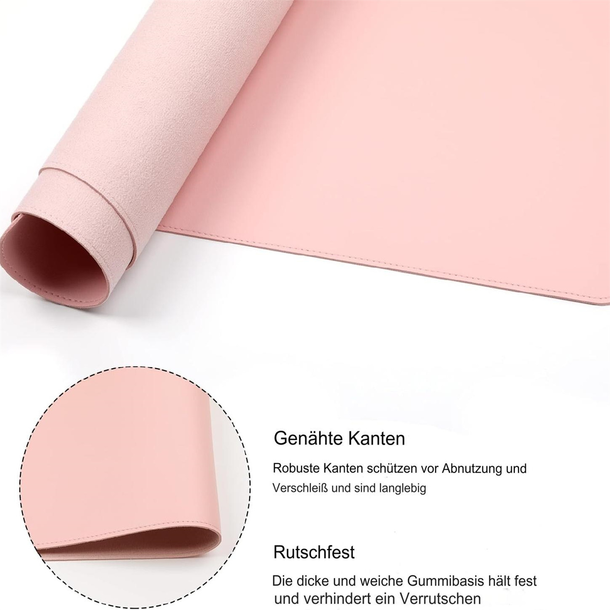 Eine pinkfarbene Schreibtischunterlage ist aufgerollt. Die Unterlage liegt auf einer weißen Oberfläche. Sie hat genähte Kanten.