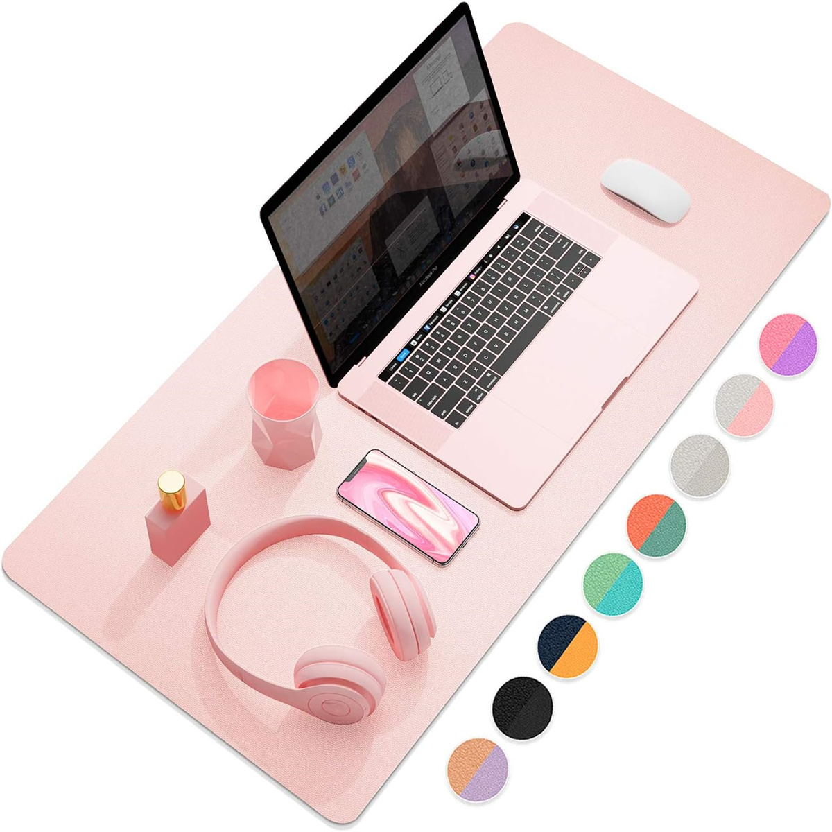 Rosa Schreibtisch mit Laptop, Kopfhörern, Telefon, Parfüm, Becher und Maus. Verschiedene Farbmuster rechts.