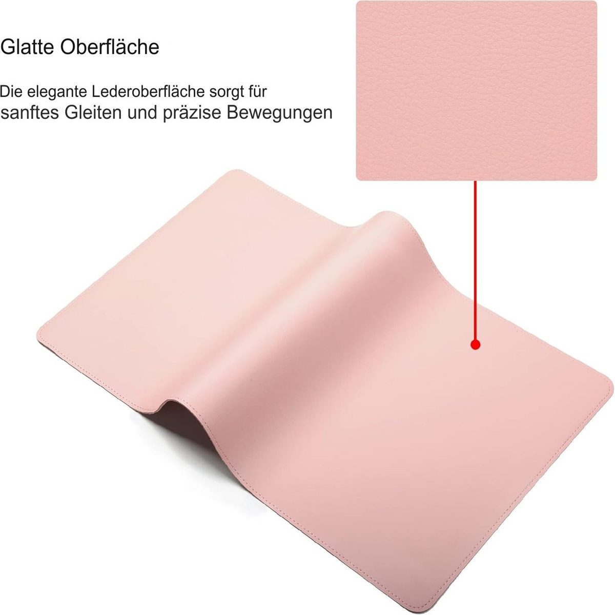 Eine rosa Leder-Schreibtischunterlage wird gezeigt. Eine Nahaufnahme zeigt die Textur. Eine rote Linie zeigt auf die Matte, mit einer Materialprobe.