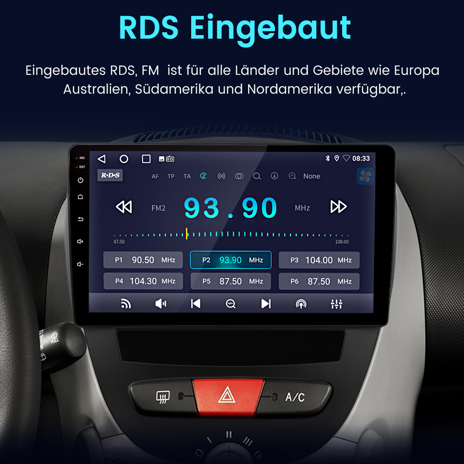 Autoradioschnittstelle zeigt 93,90 MHz an. Tasten und Einstellungen sind sichtbar. Der Text oben lautet RDS Eingebaut.