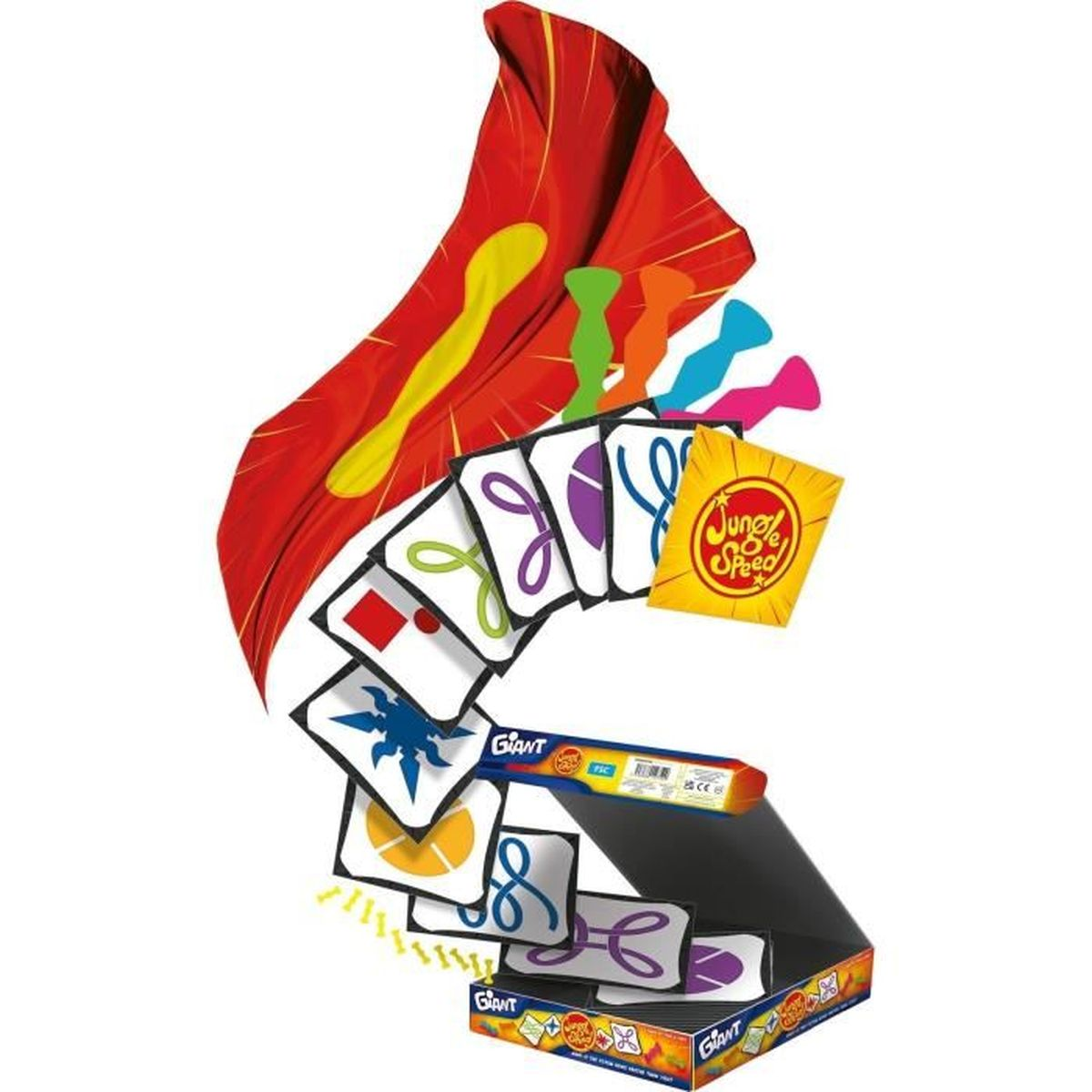 Spielbox mit Karten. Rotes Banner, gelbes Logo. Karten mit verschiedenen Symbolen und Farben. Karten haben das Wort "Giant".