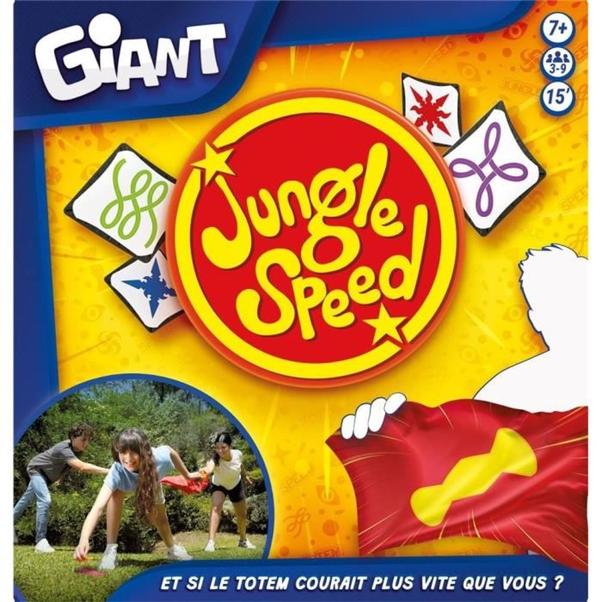Schachtelkunst für das Spiel Jungle Speed. Ein roter Kreis mit gelbem Text, ein Logo des Spiels und spielende Kinder.
