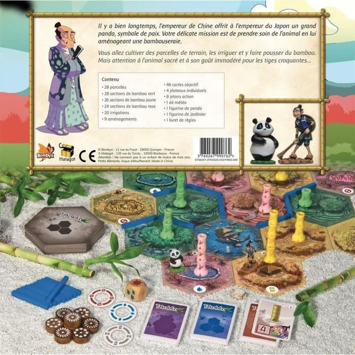 Board game box with a panda and a gardener, bamboo, a man in a kimono, and game pieces.