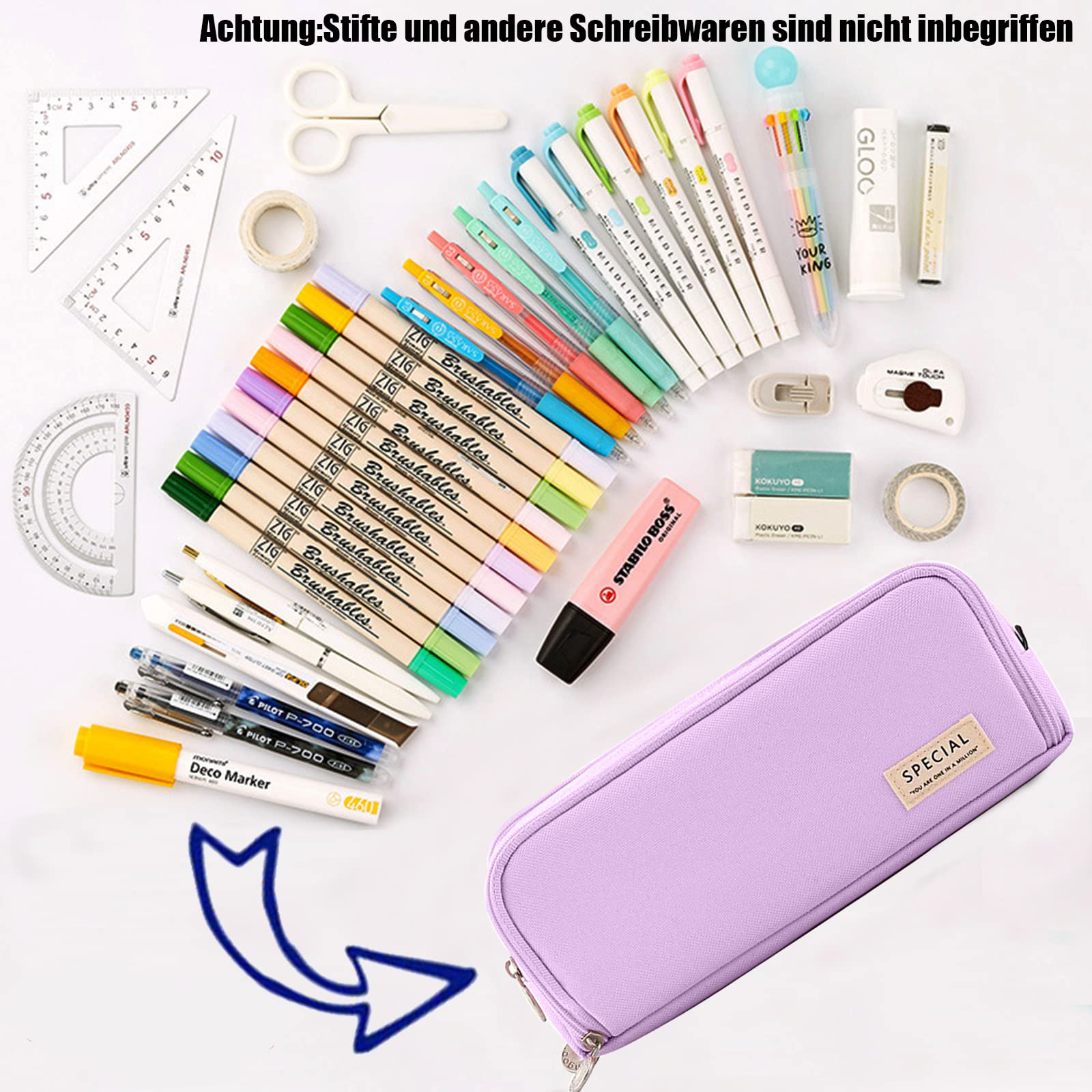 Verschiedene Schreibwaren wie Stifte, Marker, Lineale, ein Federmäppchen und andere Utensilien sind auf einer weißen Oberfläche angeordnet.