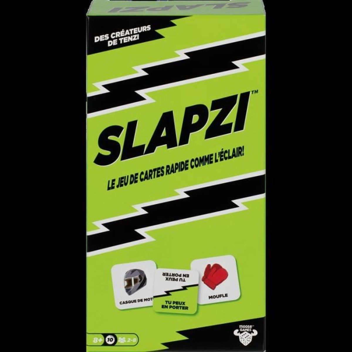 Green Slapzi card game box. Black lightning bolt design. Text includes 'SLAPZI' and 'The fast-paced card game'.