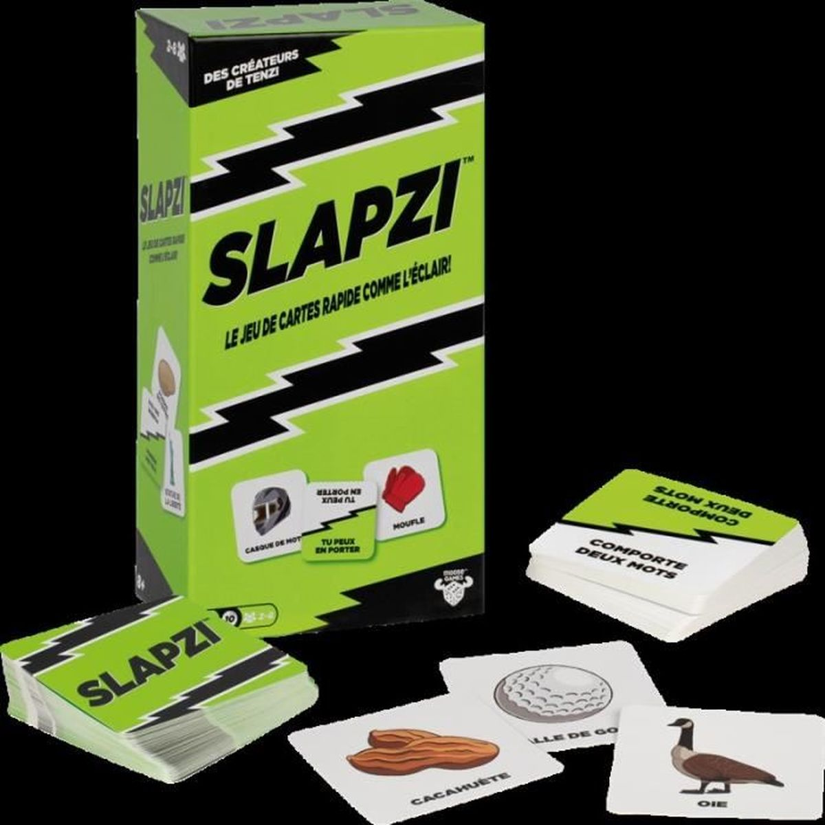 A green box of the game SLAPZI with cards and text. Cards show images of a peanut, goose, and golf ball.