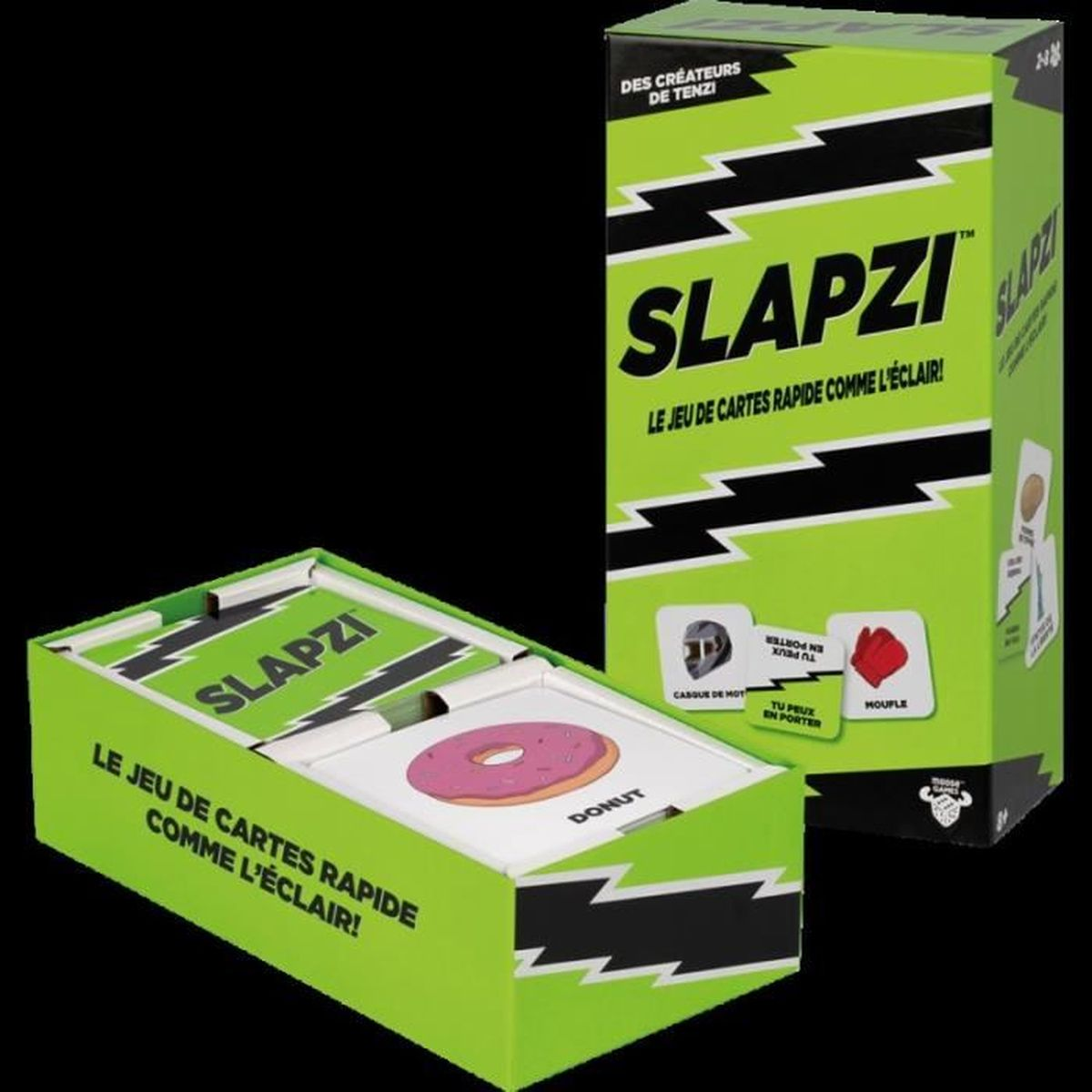 Two Slapzi card game boxes. One open showing a donut card. The other box is closed. Both boxes are green.