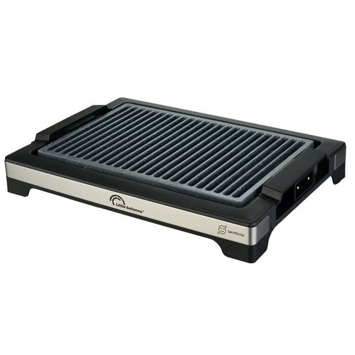 Ein elektrischer Grill mit schwarzer Grillplatte und Rahmen. Der Grill ist rechteckig mit geriffelter Oberfläche. Er hat einen silbernen Sockel und schwarze Griffe.