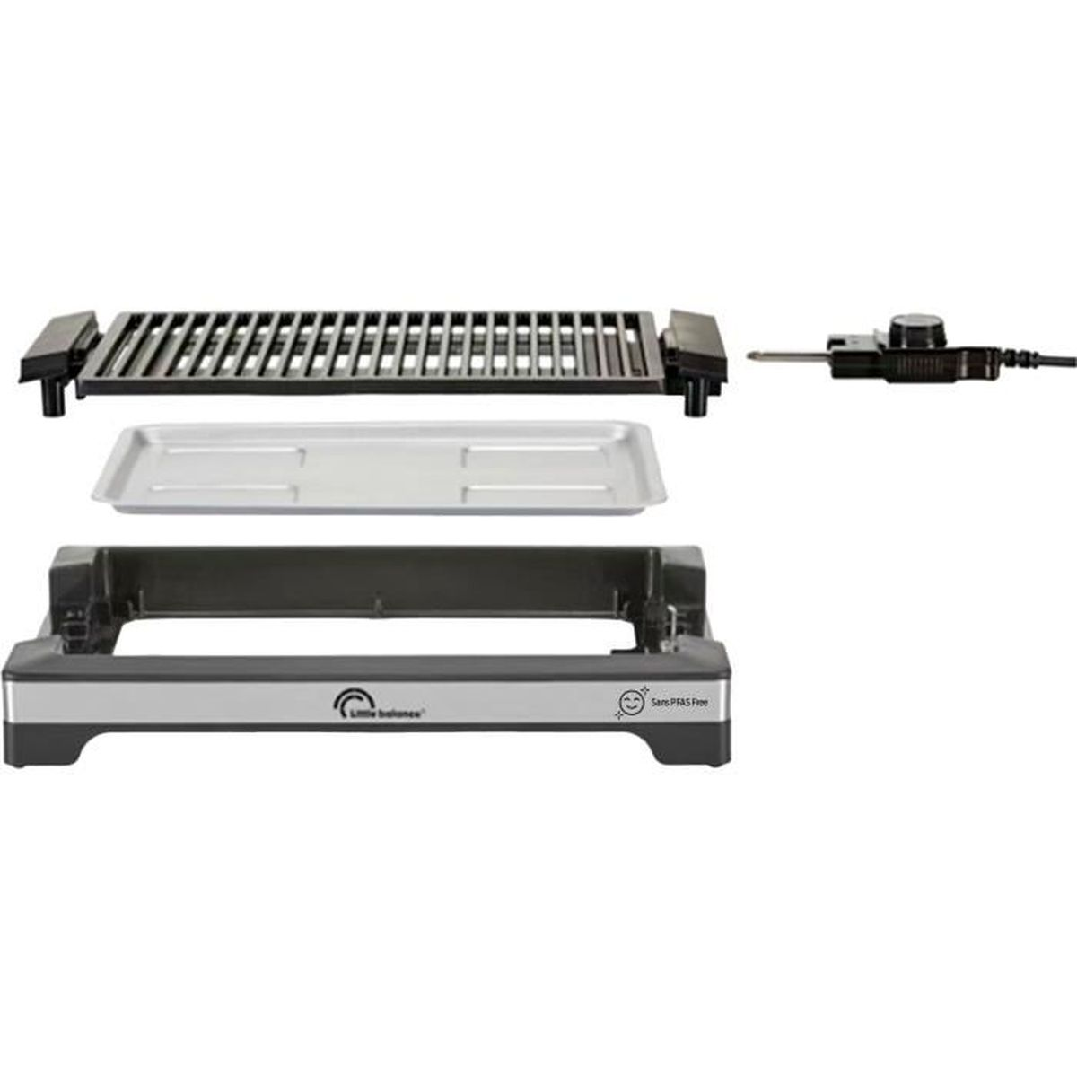Zerlegter elektrischer Grill. Er hat eine Grillplatte, eine Tropfschale, einen Sockel und eine Temperaturregelung mit Kabel.
