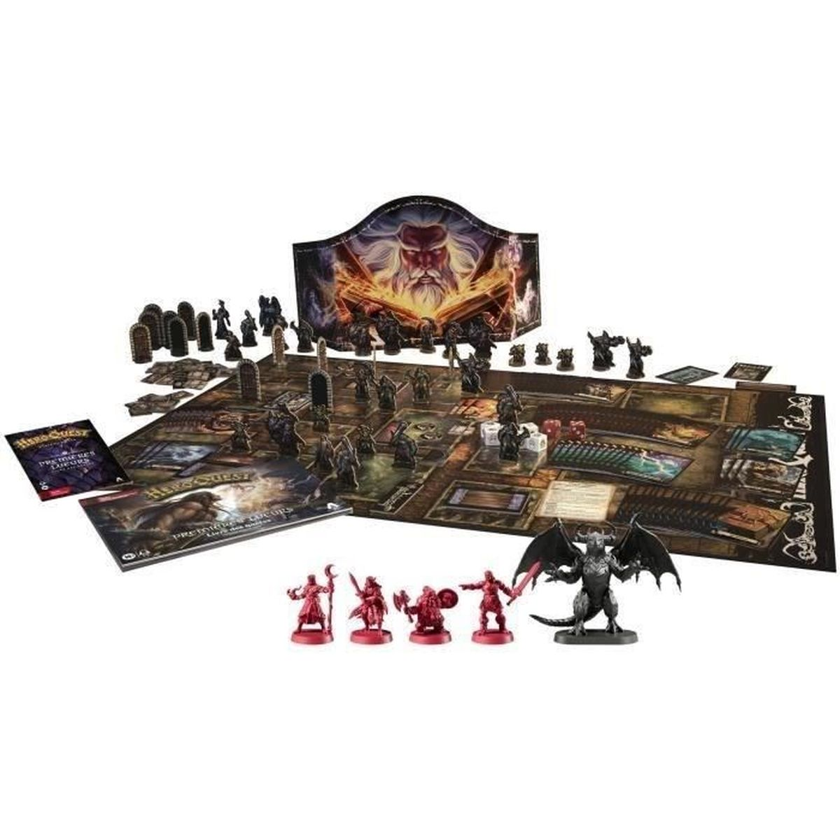 HeroQuest-Brettspiel-Set, einschließlich Brett, Figuren, Karten und Würfel. Figuren sind rot und schwarz. Der Hintergrund zeigt ein Zauberer-Bild.