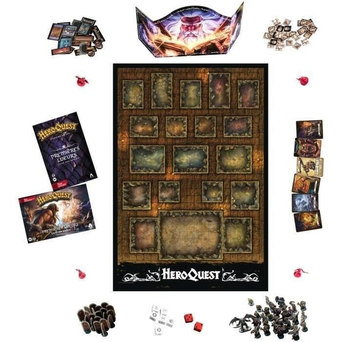 HeroQuest-Brettspielkomponenten: Spielbrett, Karten, Würfel, Figuren und Regelbücher. Ein detaillierter Spielaufbau ist sichtbar.