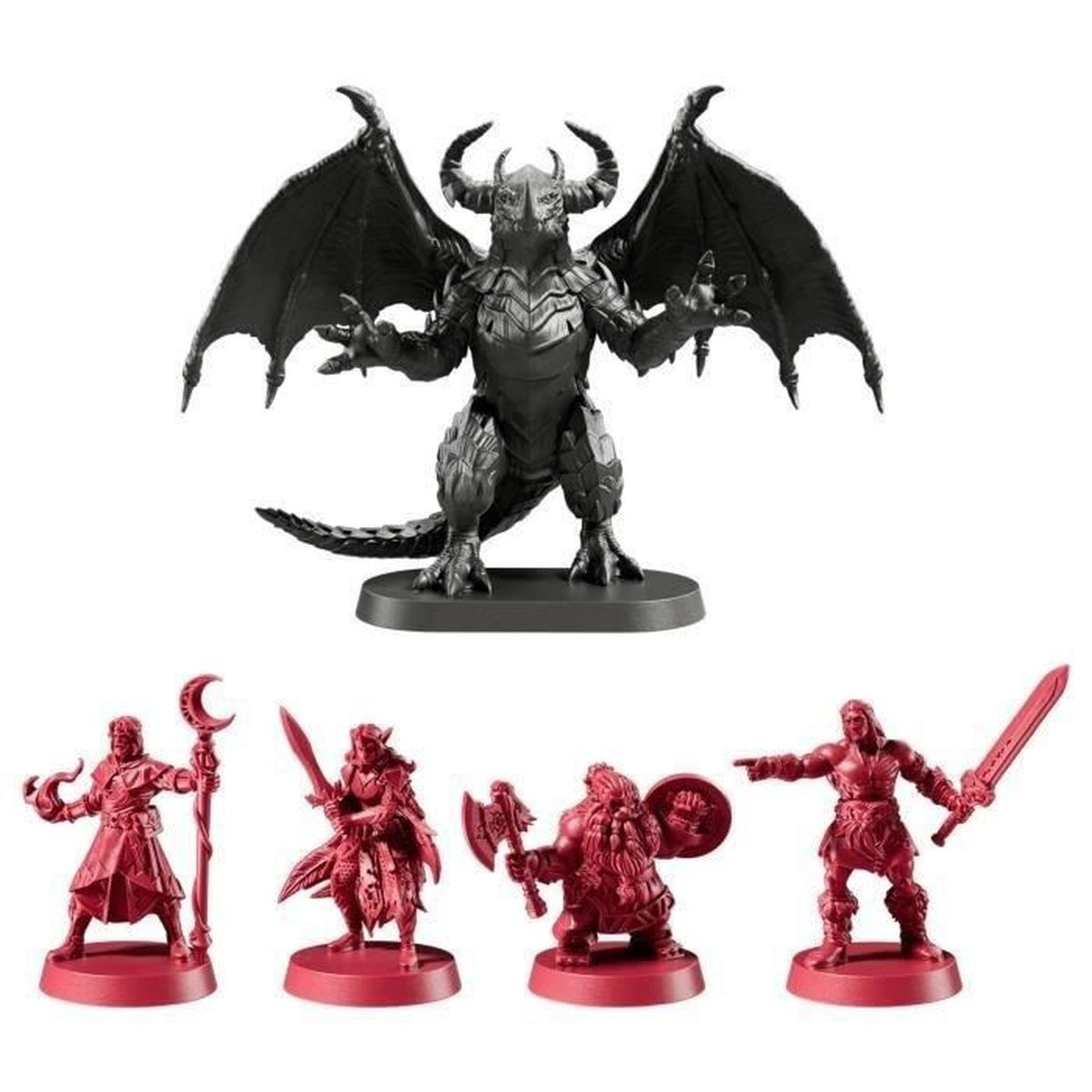 Eine schwarze Drachenfigur mit Flügeln und vier rote Figuren: ein Zauberer, ein Krieger, ein Zwerg mit einer Axt und ein Barbar mit einem Schwert.