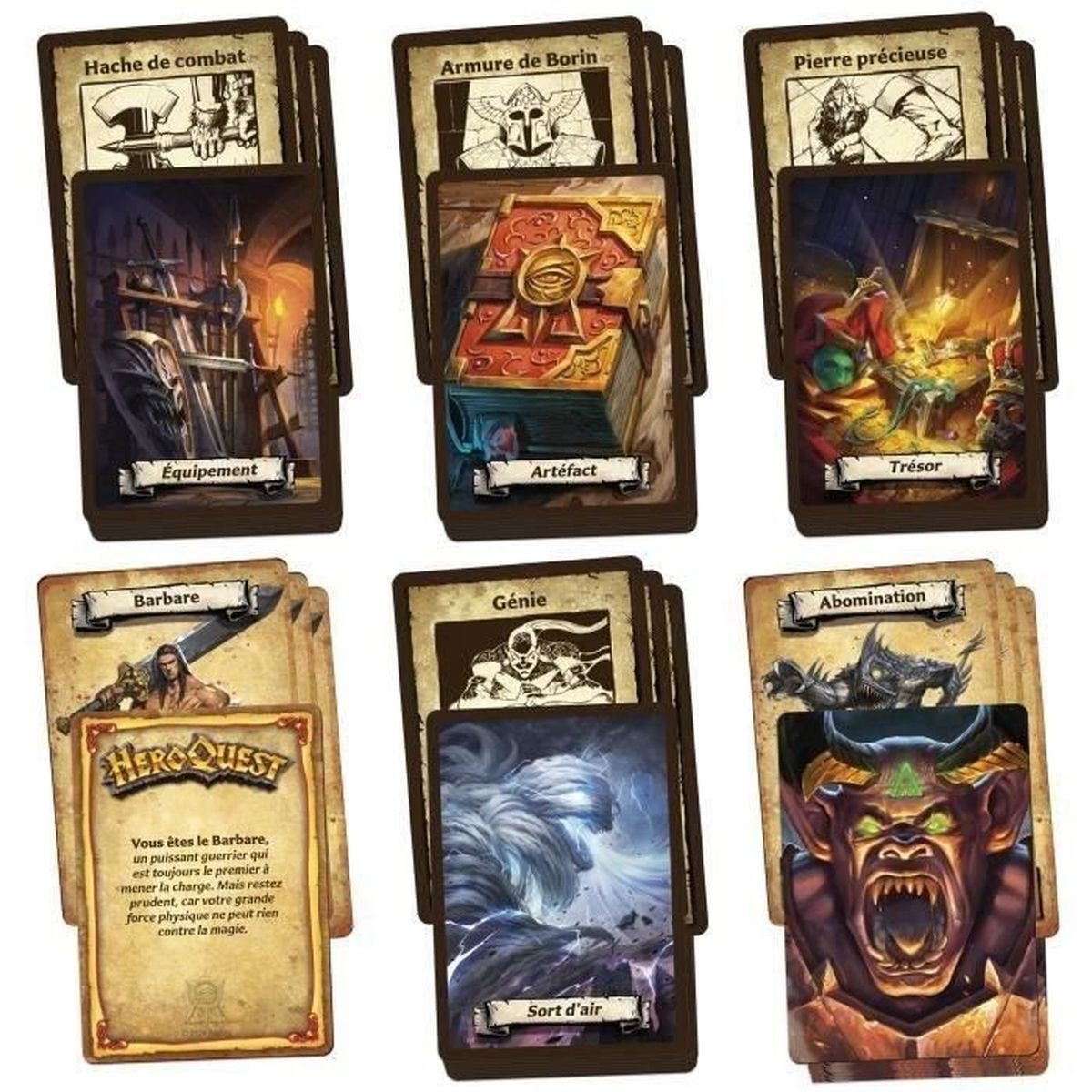 Karten aus einem Brettspiel. Obere Karten zeigen Illustrationen, mittlere Karten Gegenstände, untere Karten Charaktere und Text.