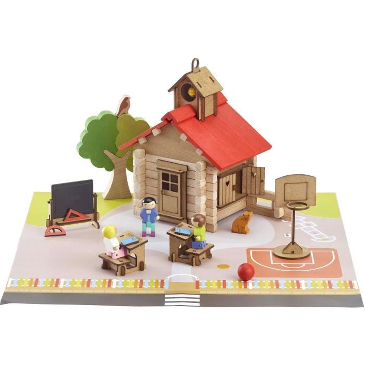 Set di giocattoli scolastici in legno con una scuola, studenti, un campo da basket, un gatto, un albero e una lavagna.