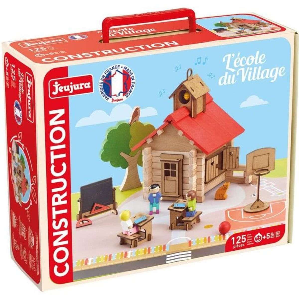 Una scatola del set di costruzione presenta una scena scolastica in legno con figure, un campo da basket e un edificio con tetto rosso. La scatola è rossa.