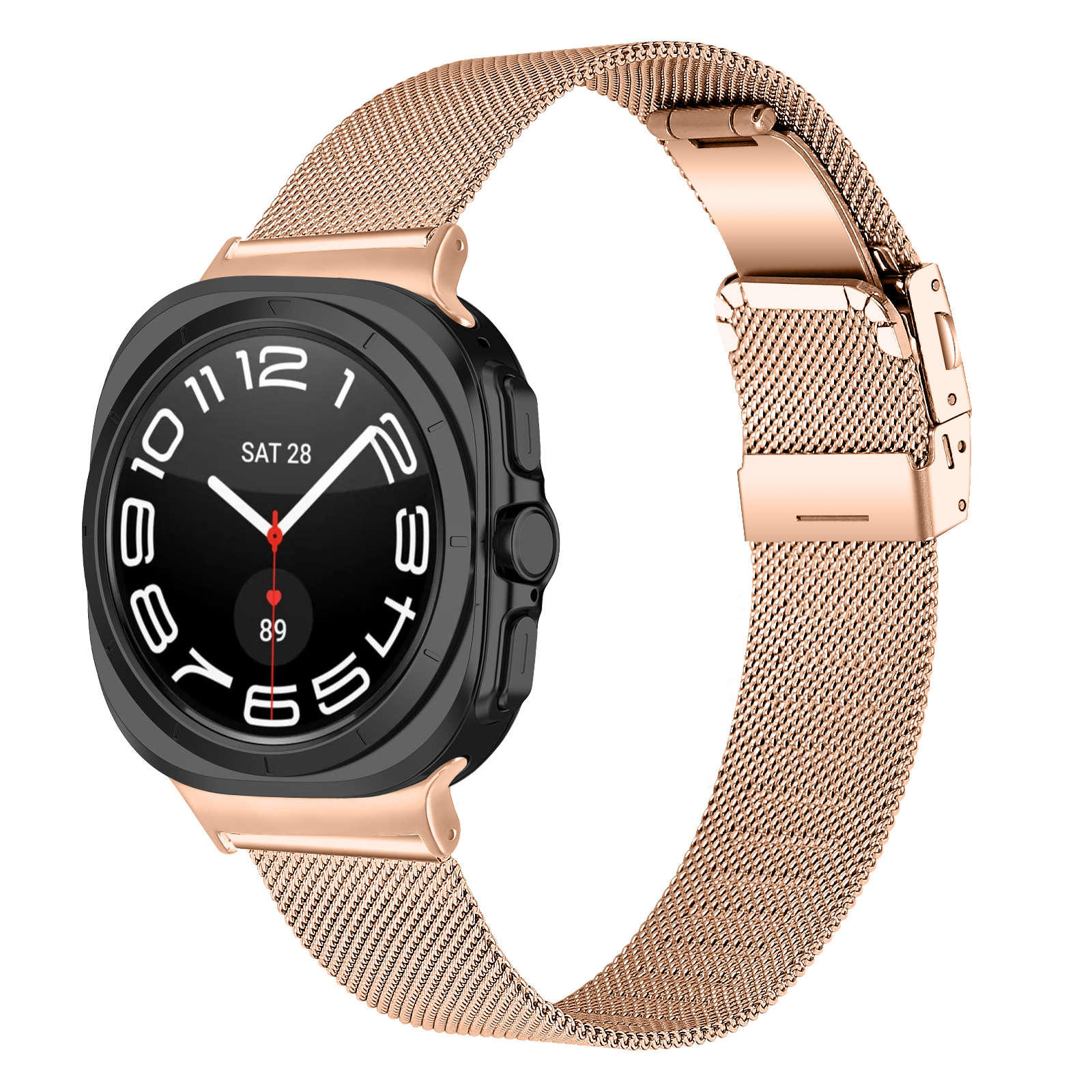 Eine roségoldene Smartwatch mit schwarzer Lünette. Das Zifferblatt zeigt Zahlen und Zeiger. Das Armband ist ein Netz aus Roségold.