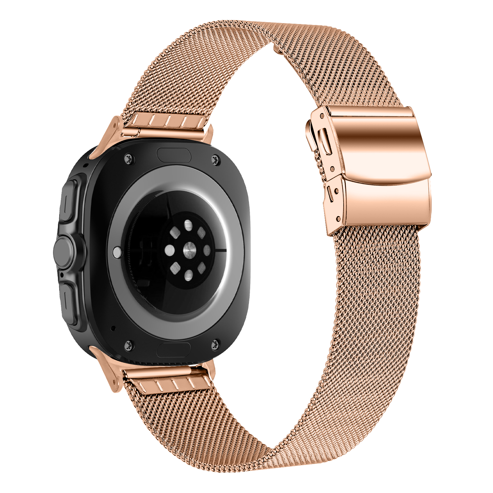 Roségoldene Smartwatch mit Mesh-Armband. Das Zifferblatt ist schwarz. Der Riemen wird mit einem Verschluss geschlossen.