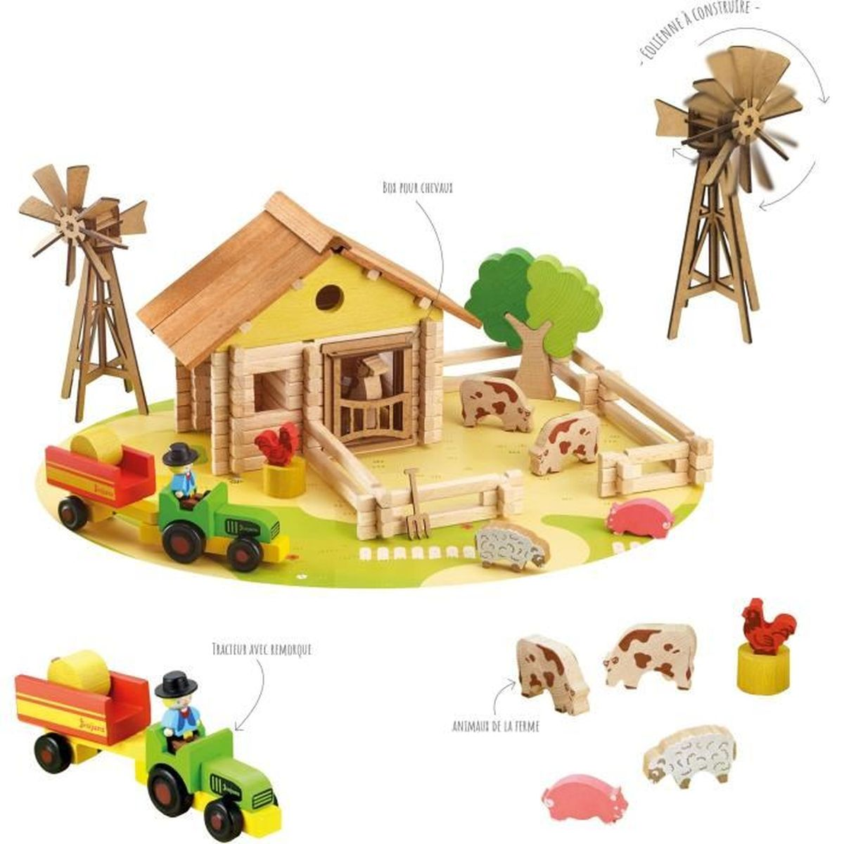Set fattoria in legno con casa, mulino a vento, trattore, animali e alberi. Un giocattolo per bambini con una scena della fattoria.