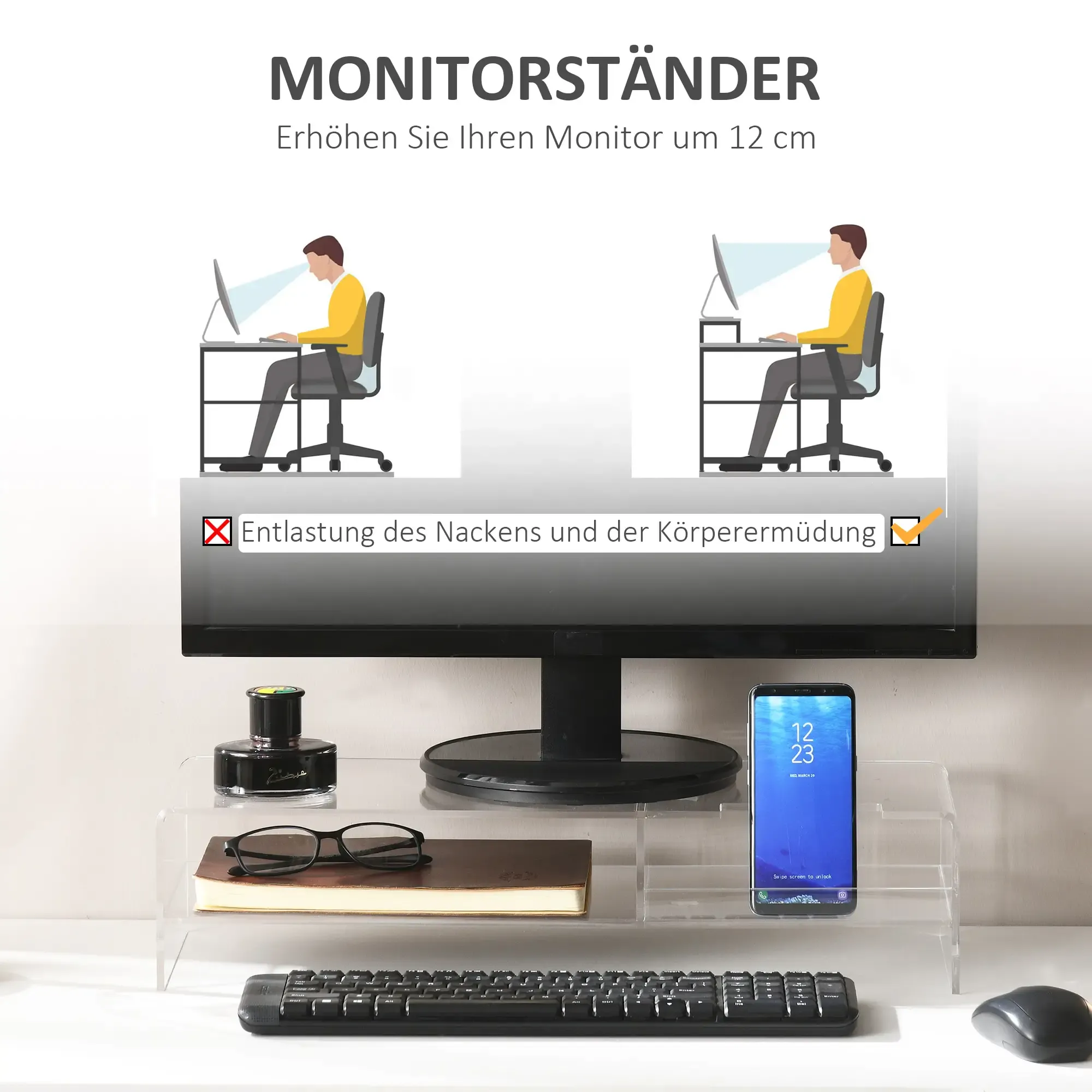 Ein Monitorständer mit Monitor, Tastatur und Telefon. Es zeigt auch zwei Personen, die am Computer arbeiten.
