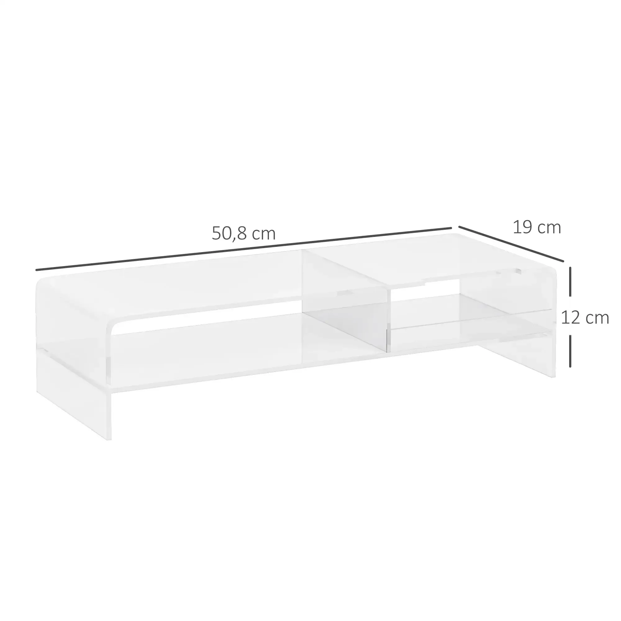 Ein klarer TV-Ständer aus Acryl. Er hat zwei Regale mit den Maßen 50,8 cm, 19 cm und 12 cm. Der Hintergrund ist weiß.