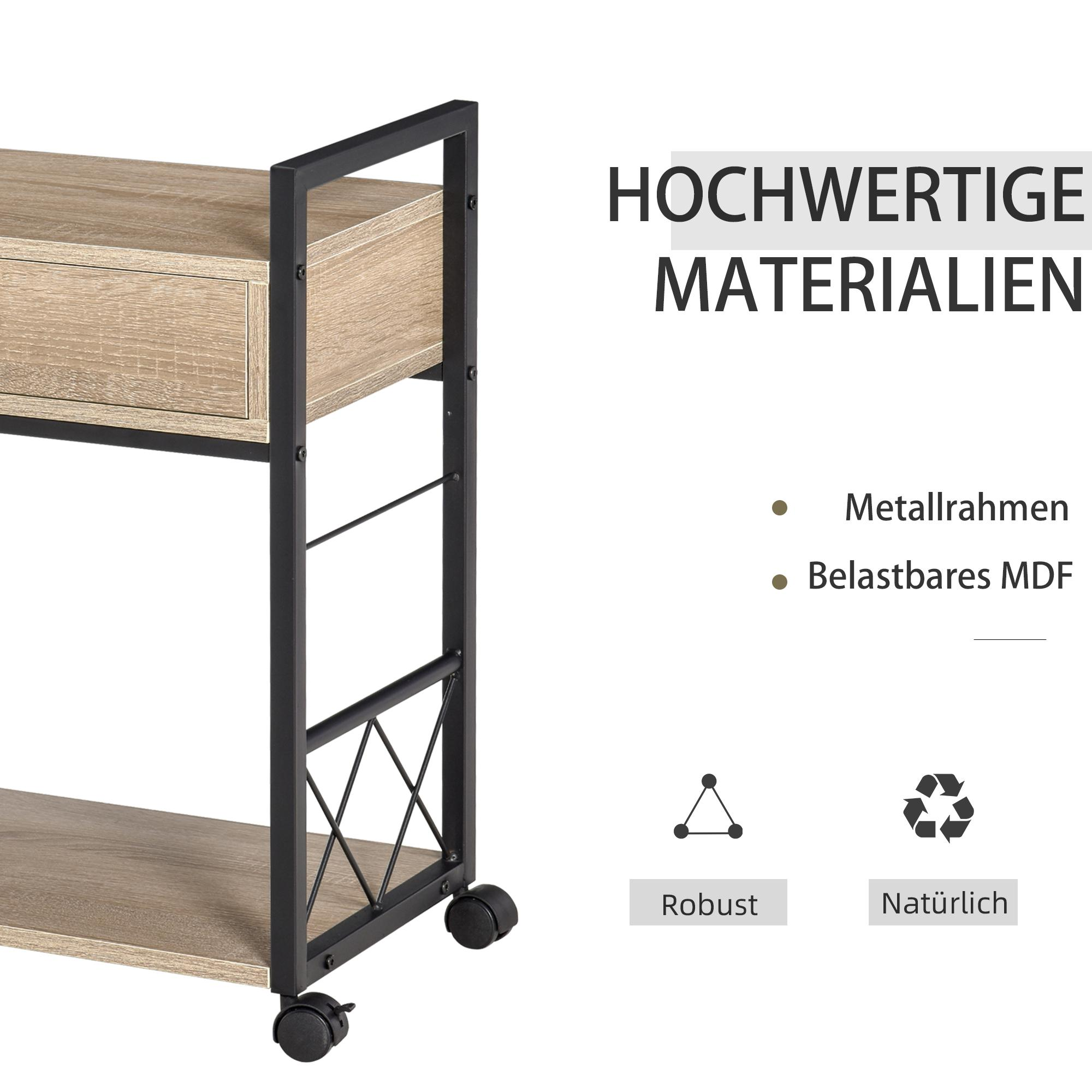 Ein Holzregal auf Rädern mit schwarzem Metallrahmen. Text auf Deutsch listet Merkmale auf: Metallrahmen, MDF, robust, natürlich.