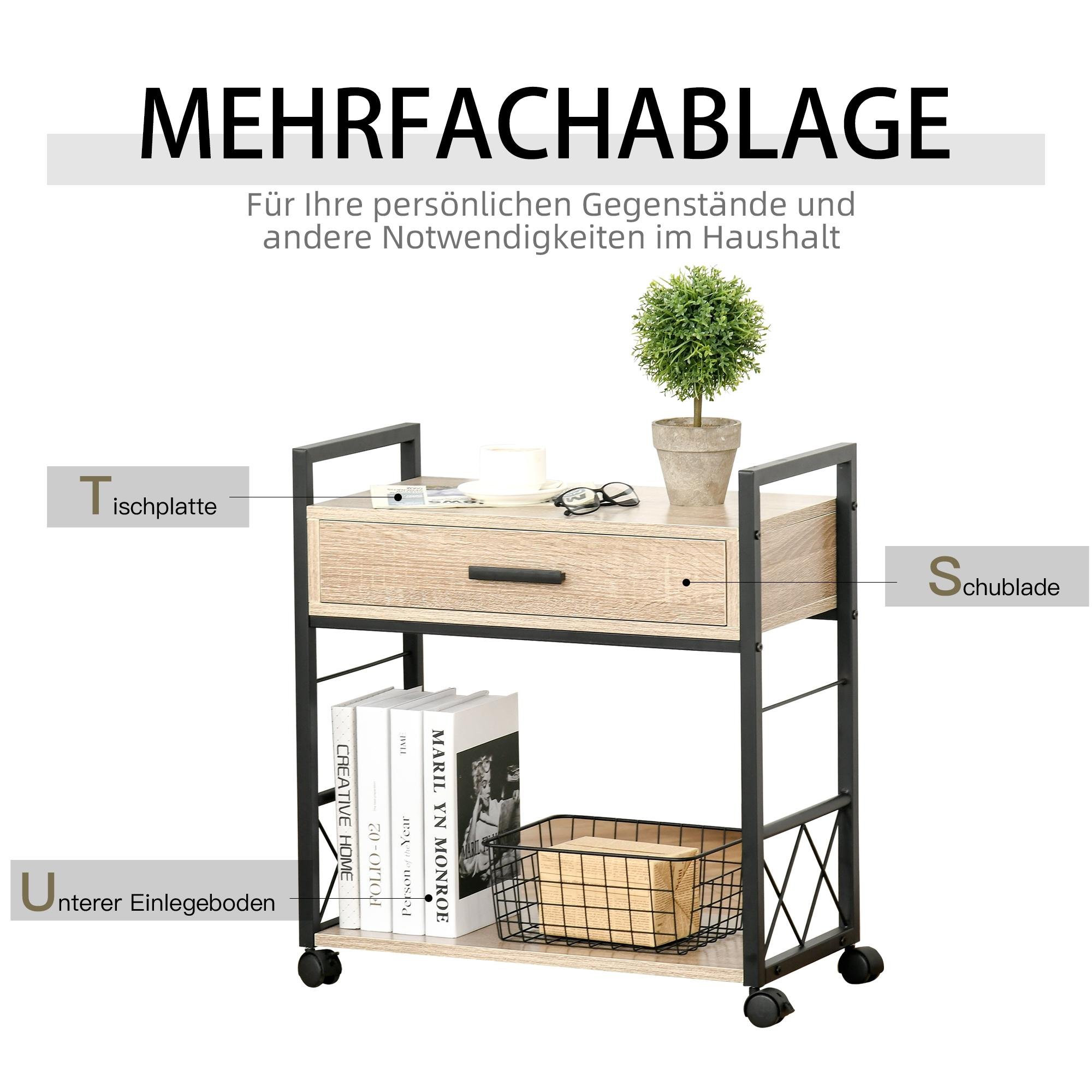 Ein rollender Wagen mit Holzplatte, Schublade und Regal. Er hat eine Pflanze, Bücher und einen Korb.