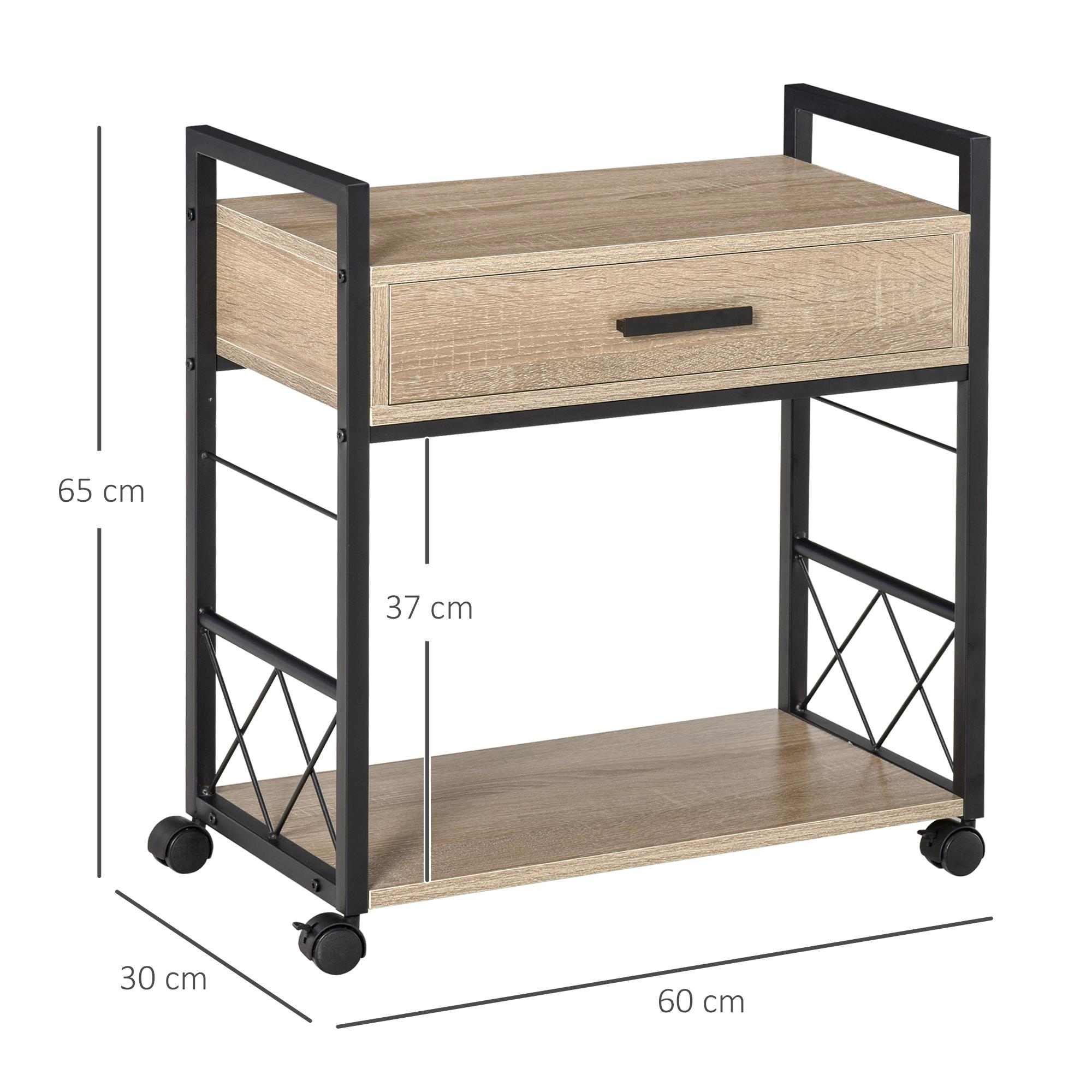 Ein Beistelltisch aus Holz mit Schublade, Ablage und schwarzem Metallrahmen. Er hat Rollen.