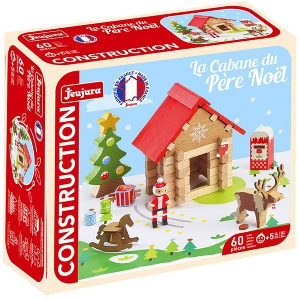Una scatola di un set da costruzione a tema natalizio con casetta giocattolo, albero, Babbo Natale, renna e altri giocattoli di legno.