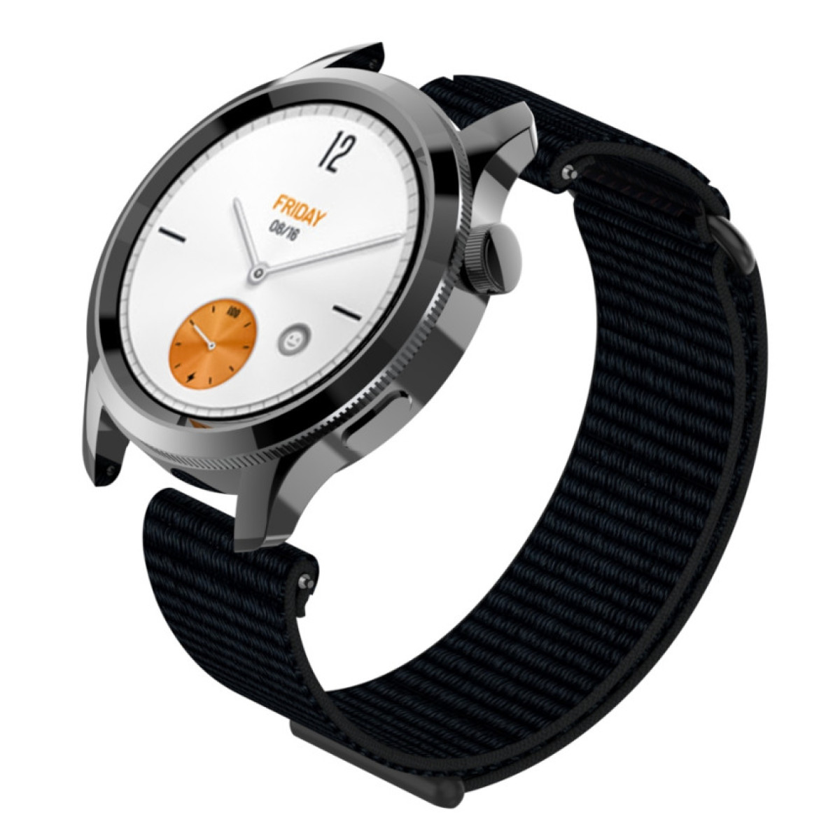 Eine silberne Smartwatch mit schwarzem Armband. Das Zifferblatt zeigt Datum und Uhrzeit. Unten befindet sich ein orangefarbener Kreis.