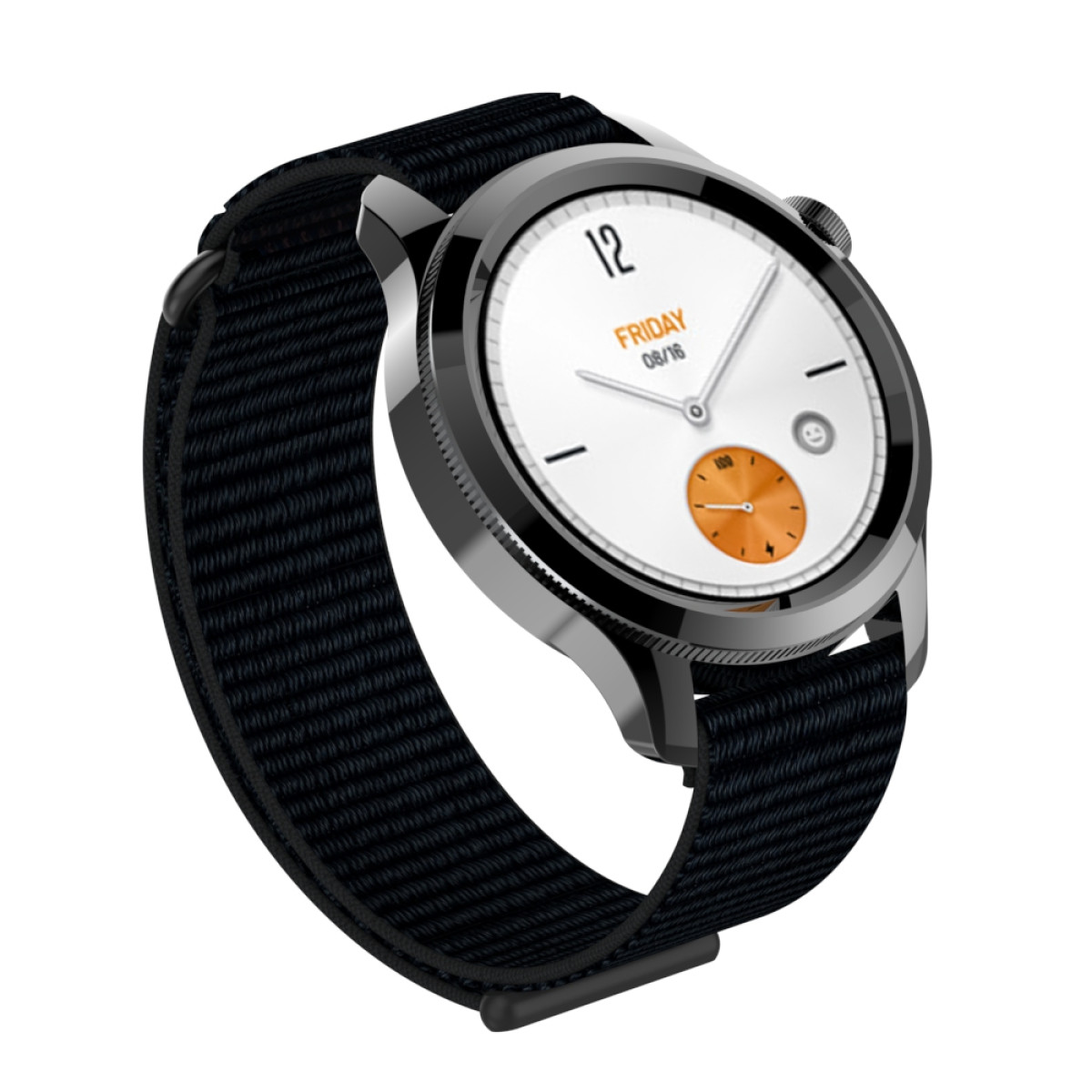 Eine Smartwatch mit schwarzem Armband. Das Zifferblatt ist weiß mit schwarzen Zeigern und einem kleinen orangefarbenen Kreis. Zeigt Freitag, 16.08.