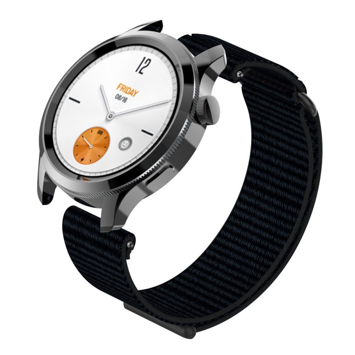 Eine silberne Smartwatch mit schwarzem Armband. Das Zifferblatt zeigt Datum und Uhrzeit. Das Armband ist gewebt.