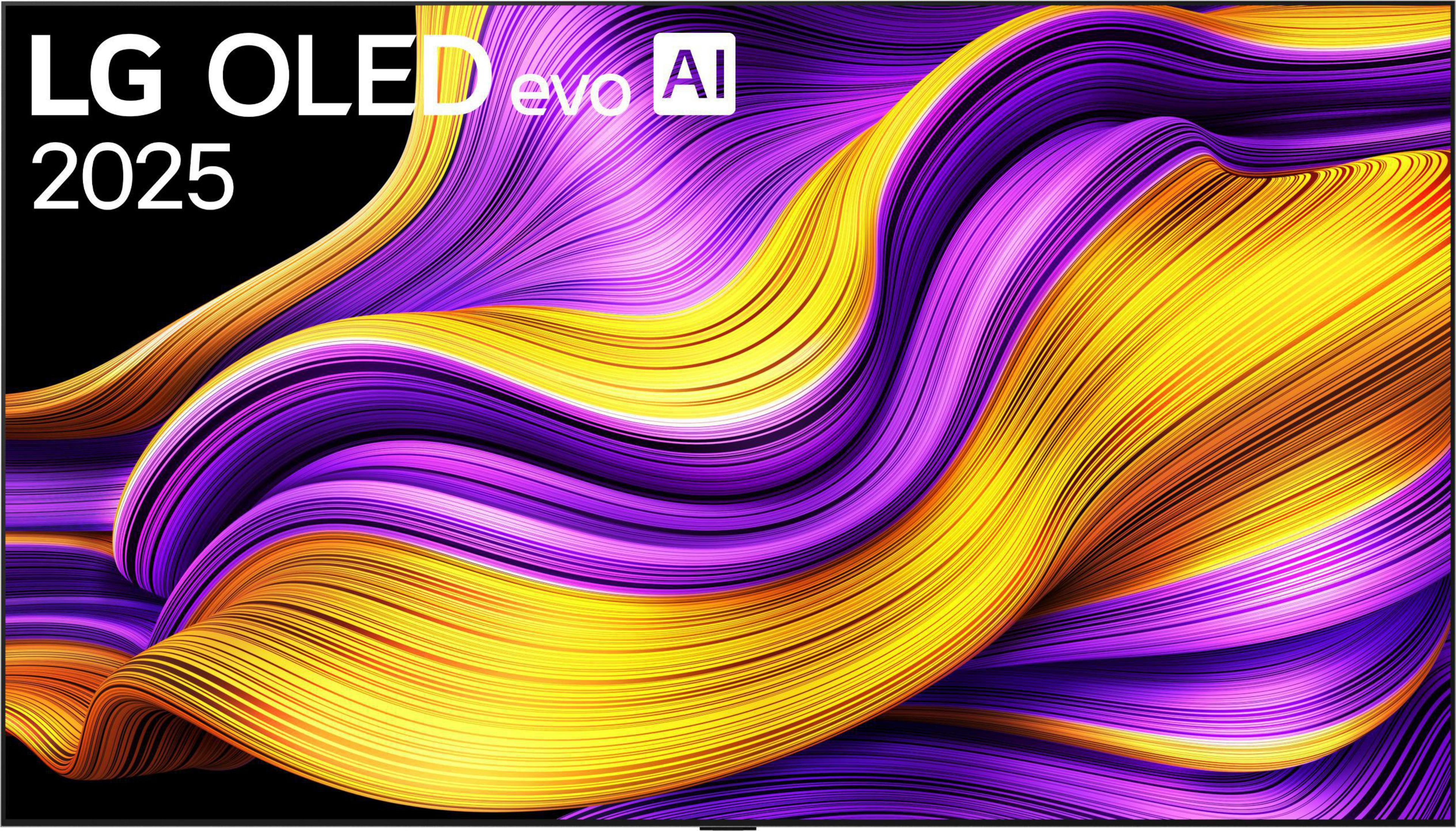 LG OLED evo AI 2025 TV. Der Bildschirm zeigt abstrakte, fließende Linien in Gelb, Lila und Schwarz.