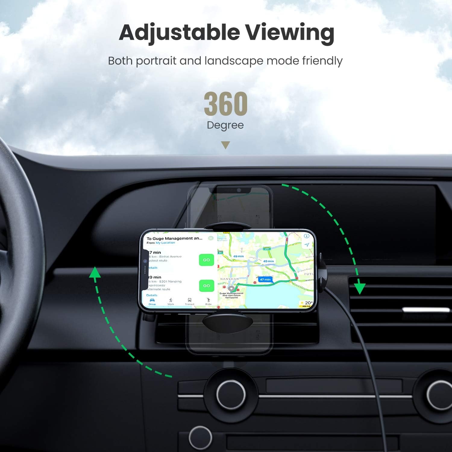 Ein Telefon in einer Autohalterung zeigt eine Karte mit Navigation an. Die Halterung befindet sich auf dem Armaturenbrett. Text oben besagt einstellbare Ansicht und 360 Grad.
