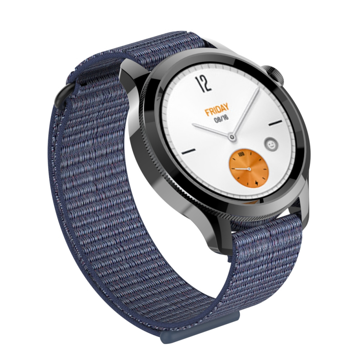 Uno smartwatch con cinturino in tessuto blu. Il quadrante è bianco con numeri neri e dettagli arancioni. L'ora è le 12:00.