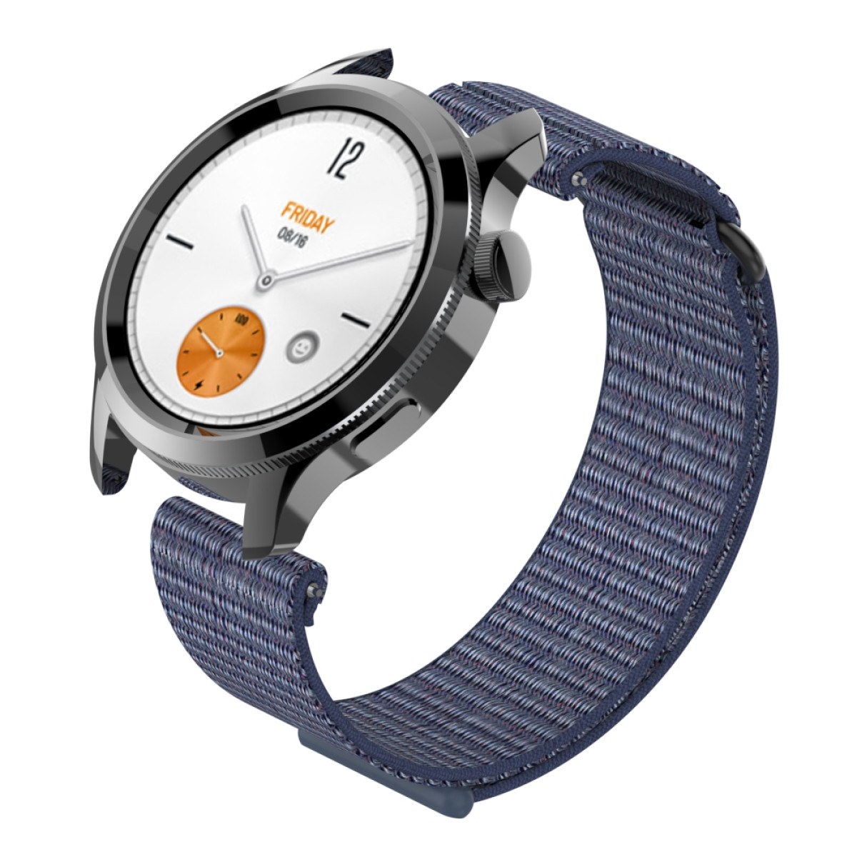 Uno smartwatch argento con quadrante bianco, che mostra l'ora e la data. Ha un cinturino in tessuto blu.