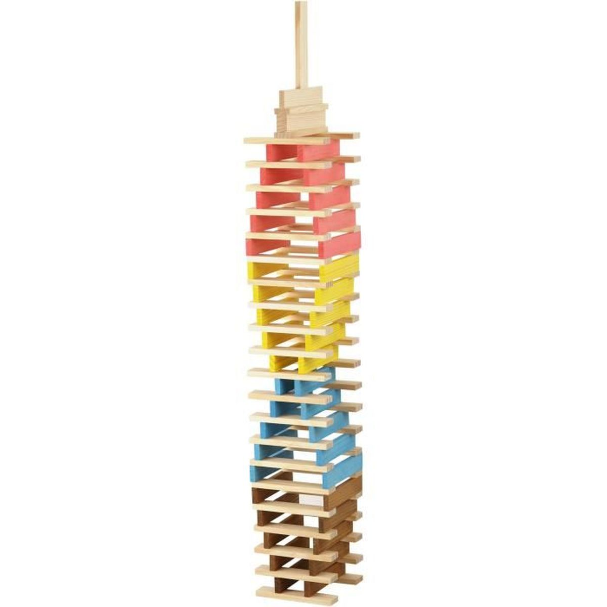 Torre alta di blocchi di legno colorati: rosa, giallo, blu e marrone. Un sottile bastoncino di legno sopra.